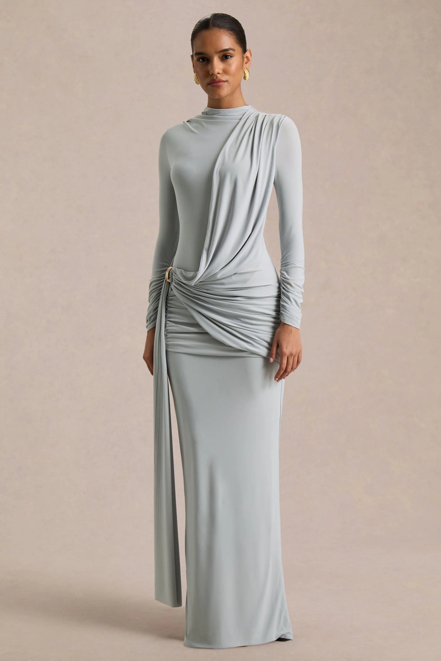 Melissa Blue Long-Sleeve Wrap Maxi Dress With Draped Detailing