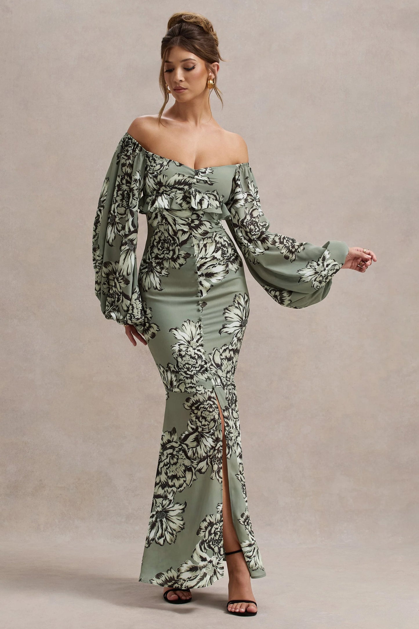 Murcia Olive Floral Print Chiffon Puff-Sleeve Button Maxi Dress