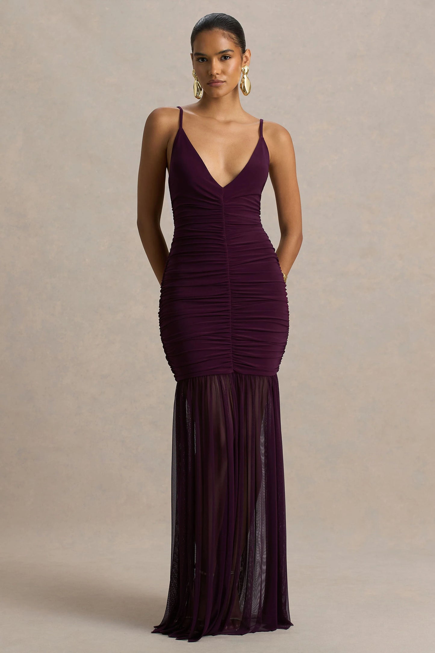 Pasqualina Plum Ruched Plunge-Neck Maxi Dress