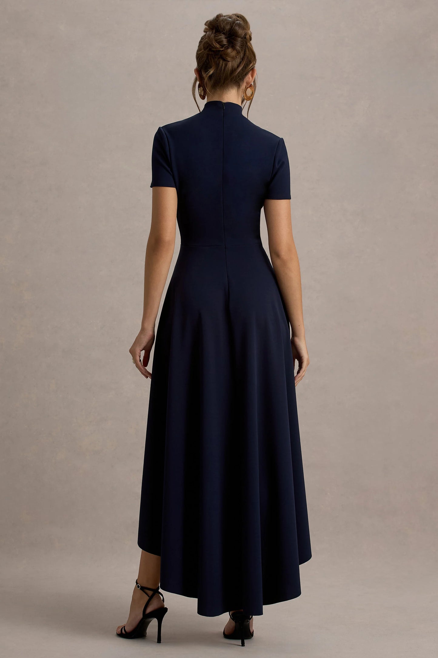 Bellona Navy High-Neck High-Low Midi Dress