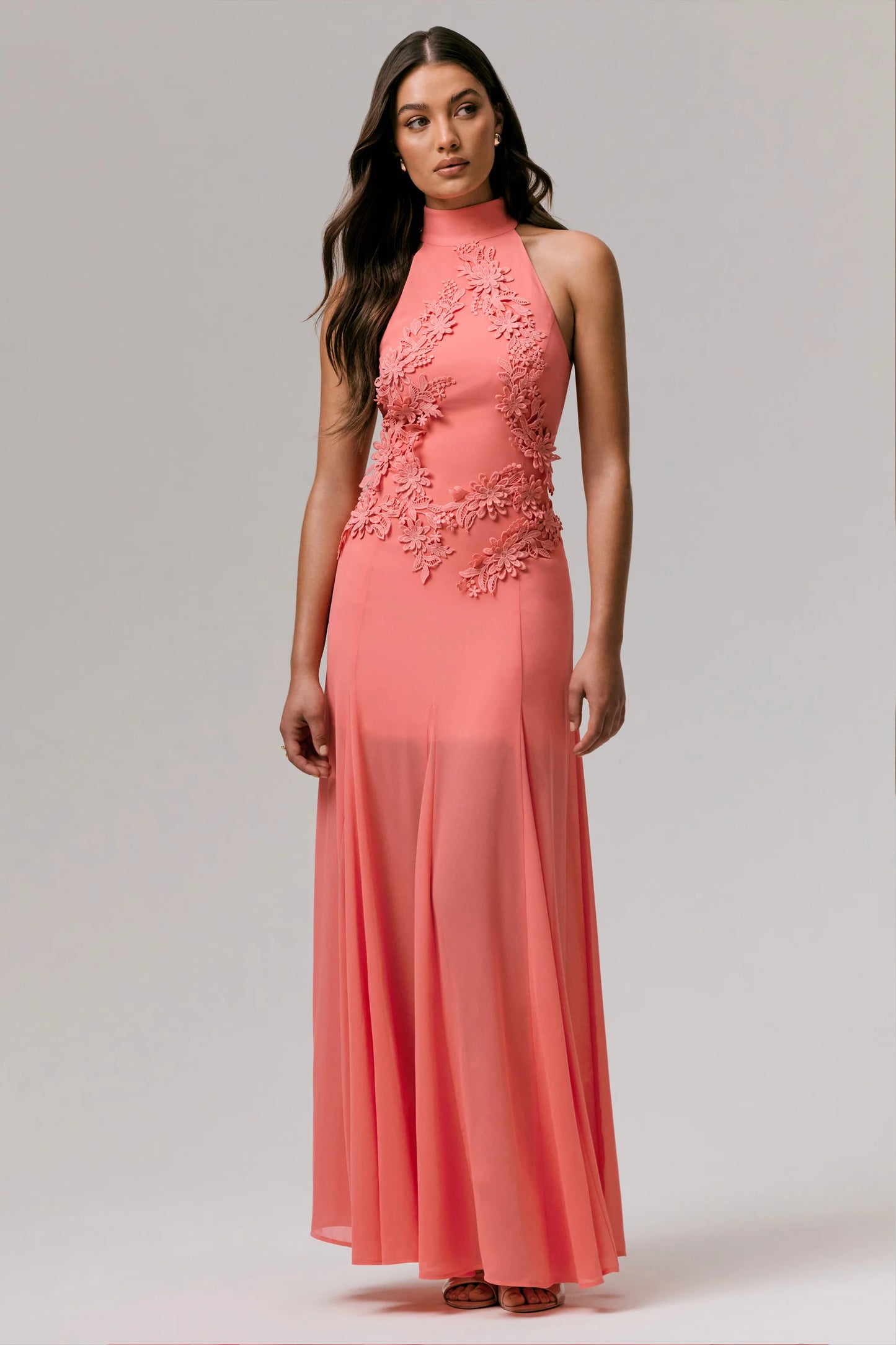 Just Like Magic Coral High-Neck Maxi Dress With Lace Detailing