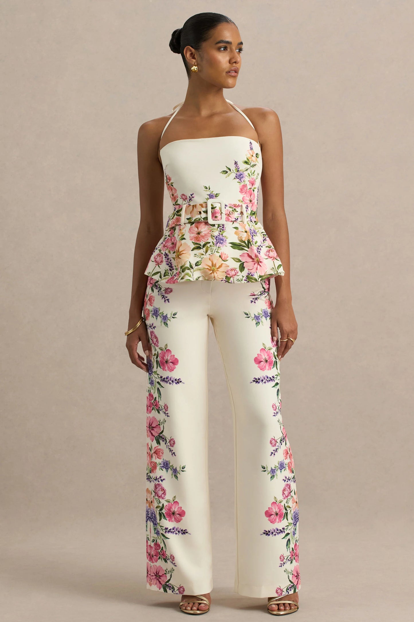 Solana White Floral Border Print Wide-Leg Trousers