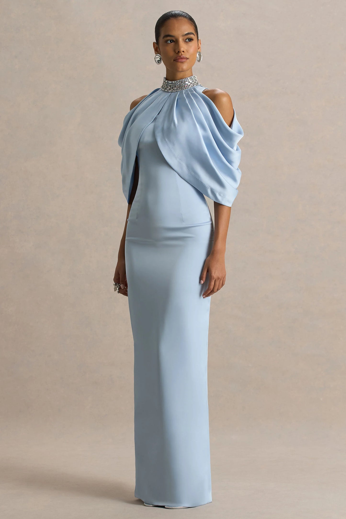 Sulliana Powder Blue Satin High-Neck Maxi Dress With Embellished Detail And Cape Sleeves