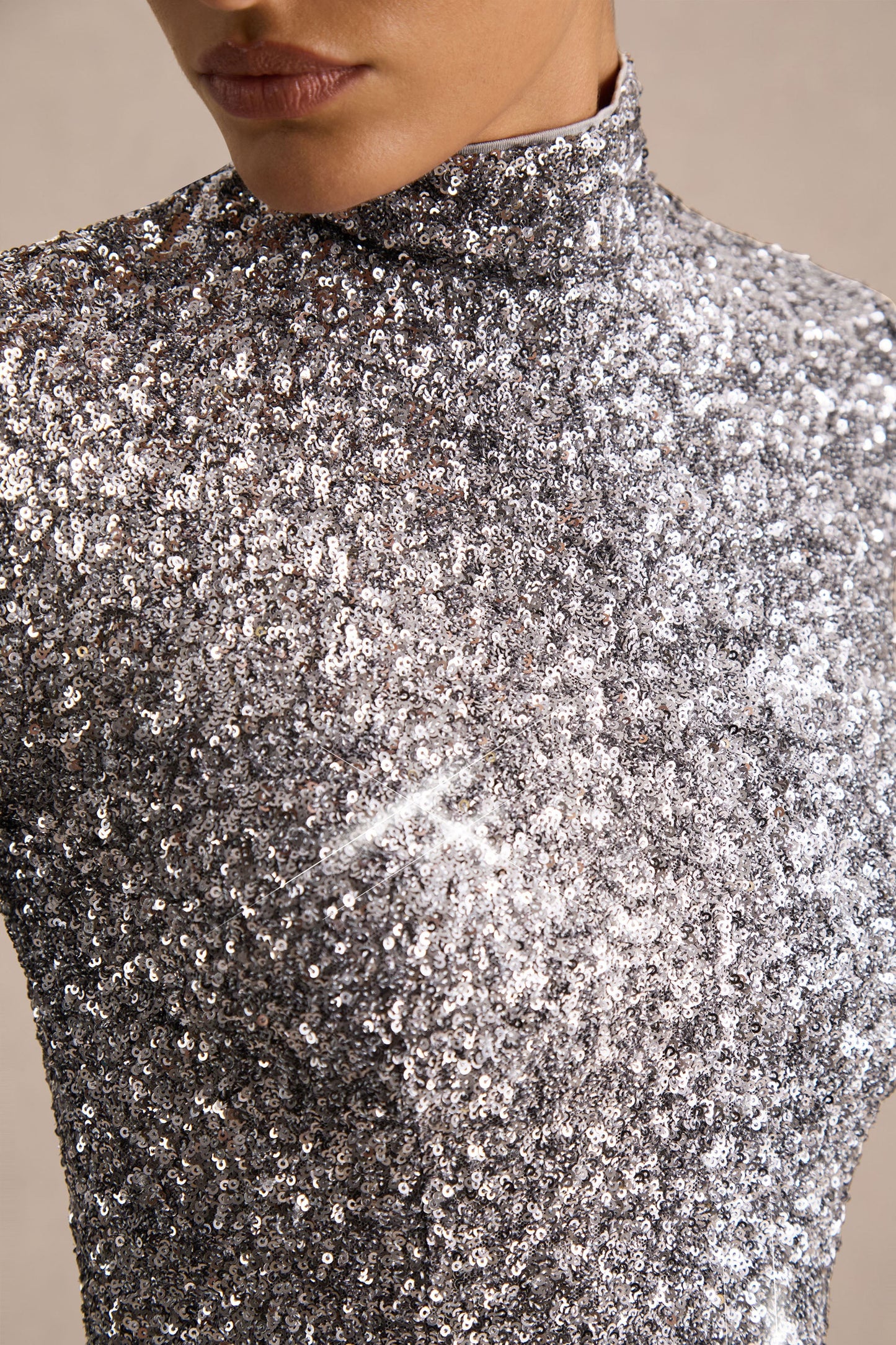 Galaxy Silver Sequin Turtle-Neck Long-Sleeve Maxi Dress