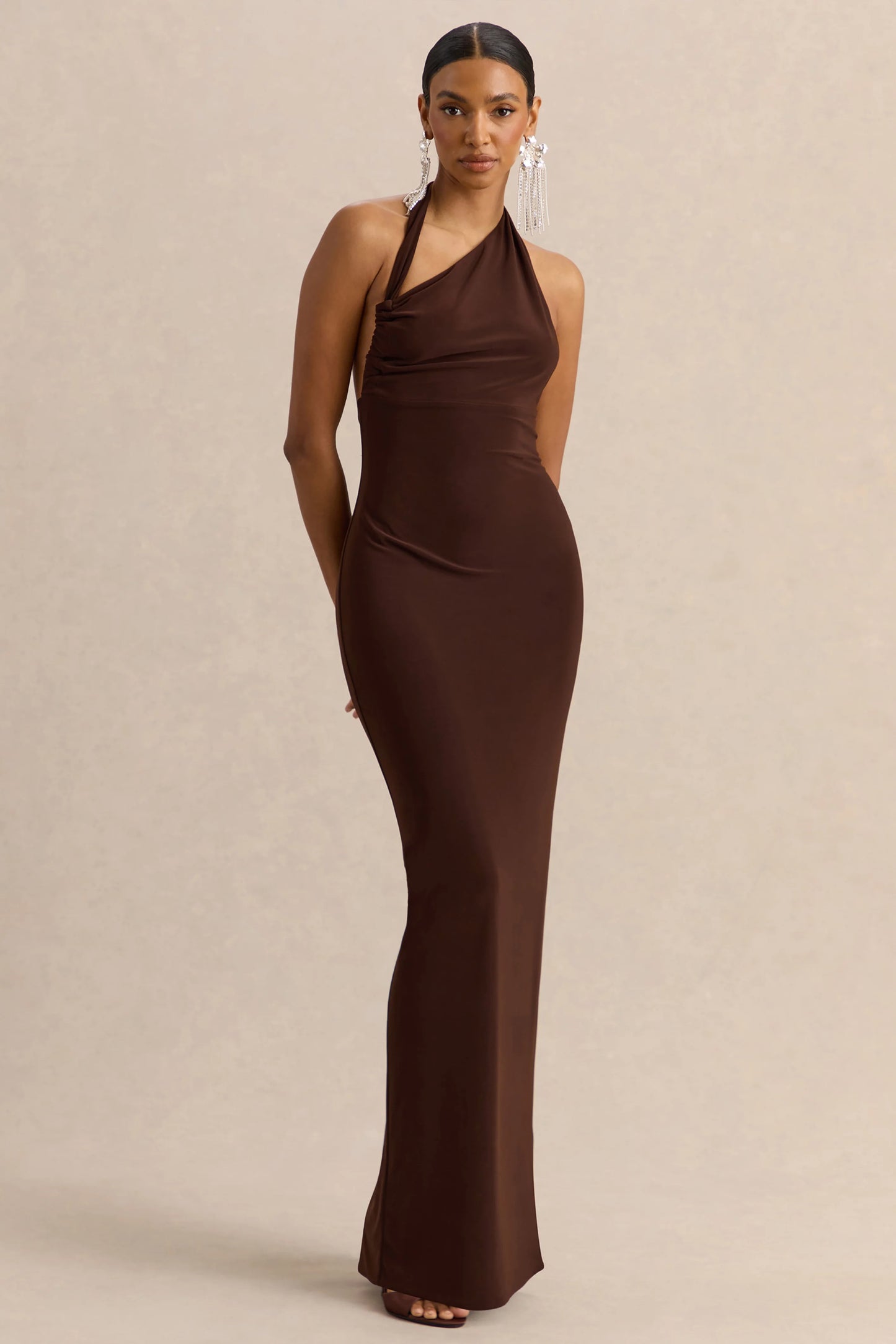 Delisse Brown Asymmetric-Neck Maxi Dress