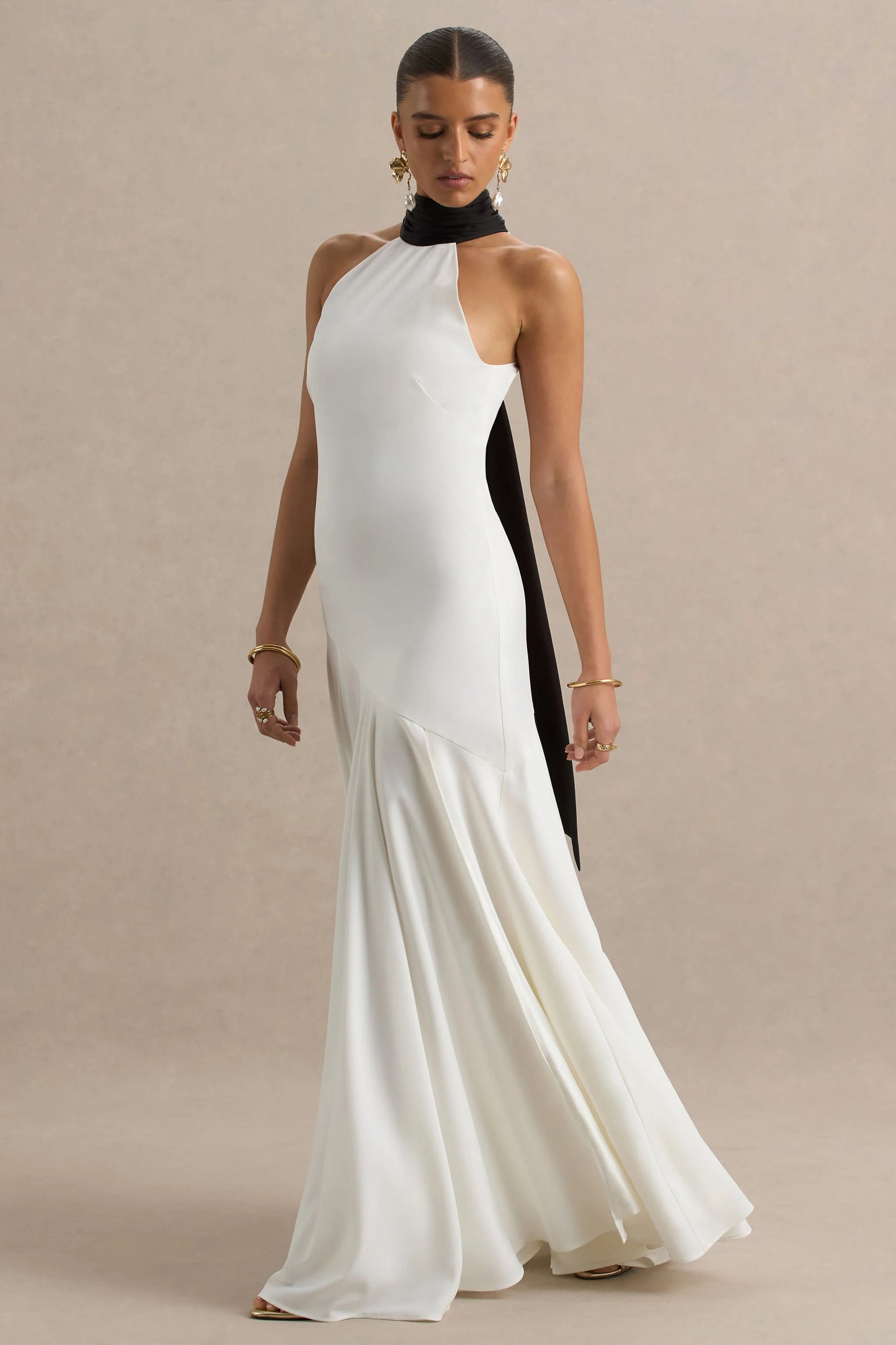 Luscious White And Black High-Neck Maxi Dress With Drop-Waist And Bow Detail
