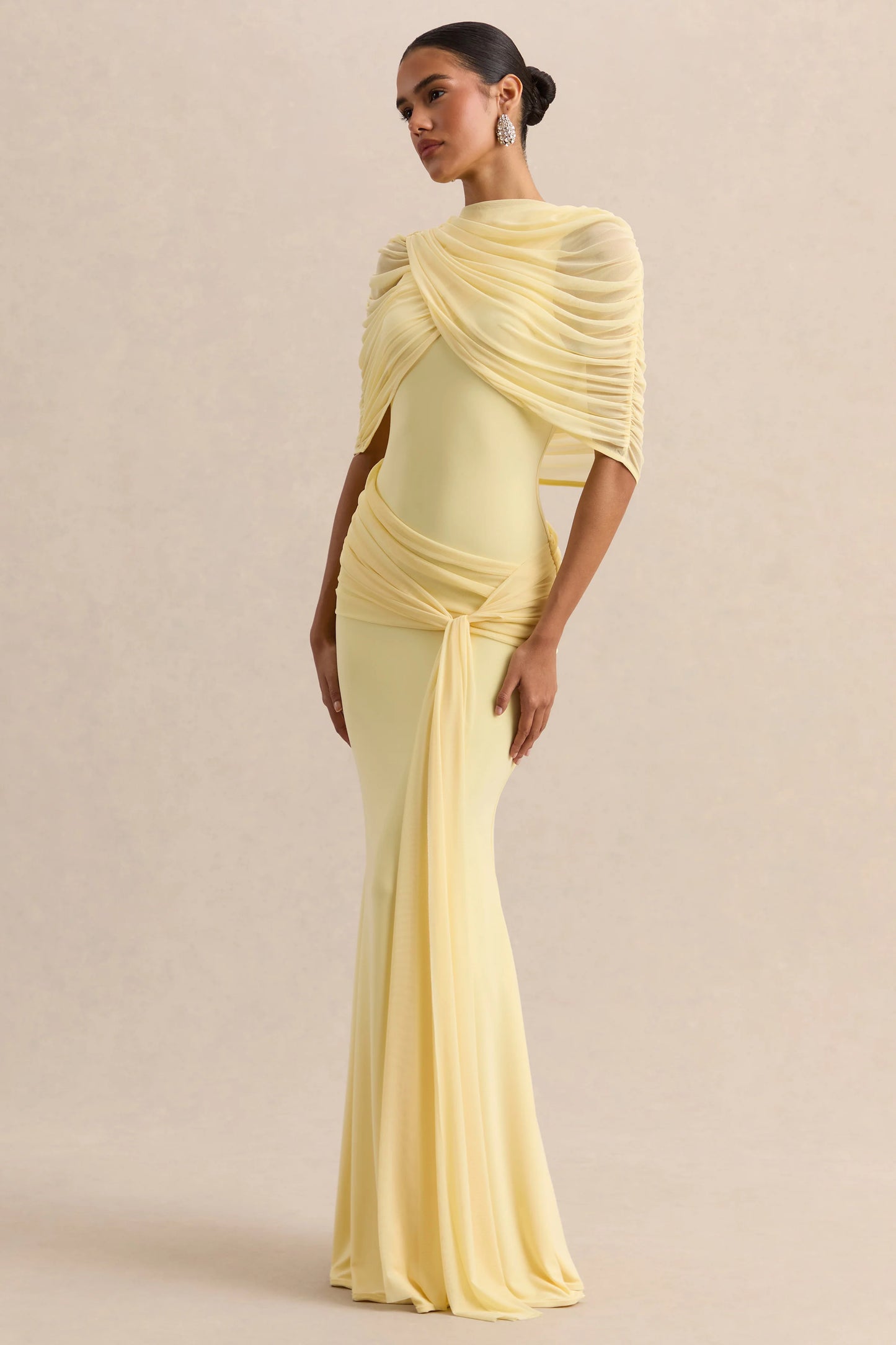 Mirene Lemon Round-Neck Maxi-Dress With Gathered-Detailing And Sash