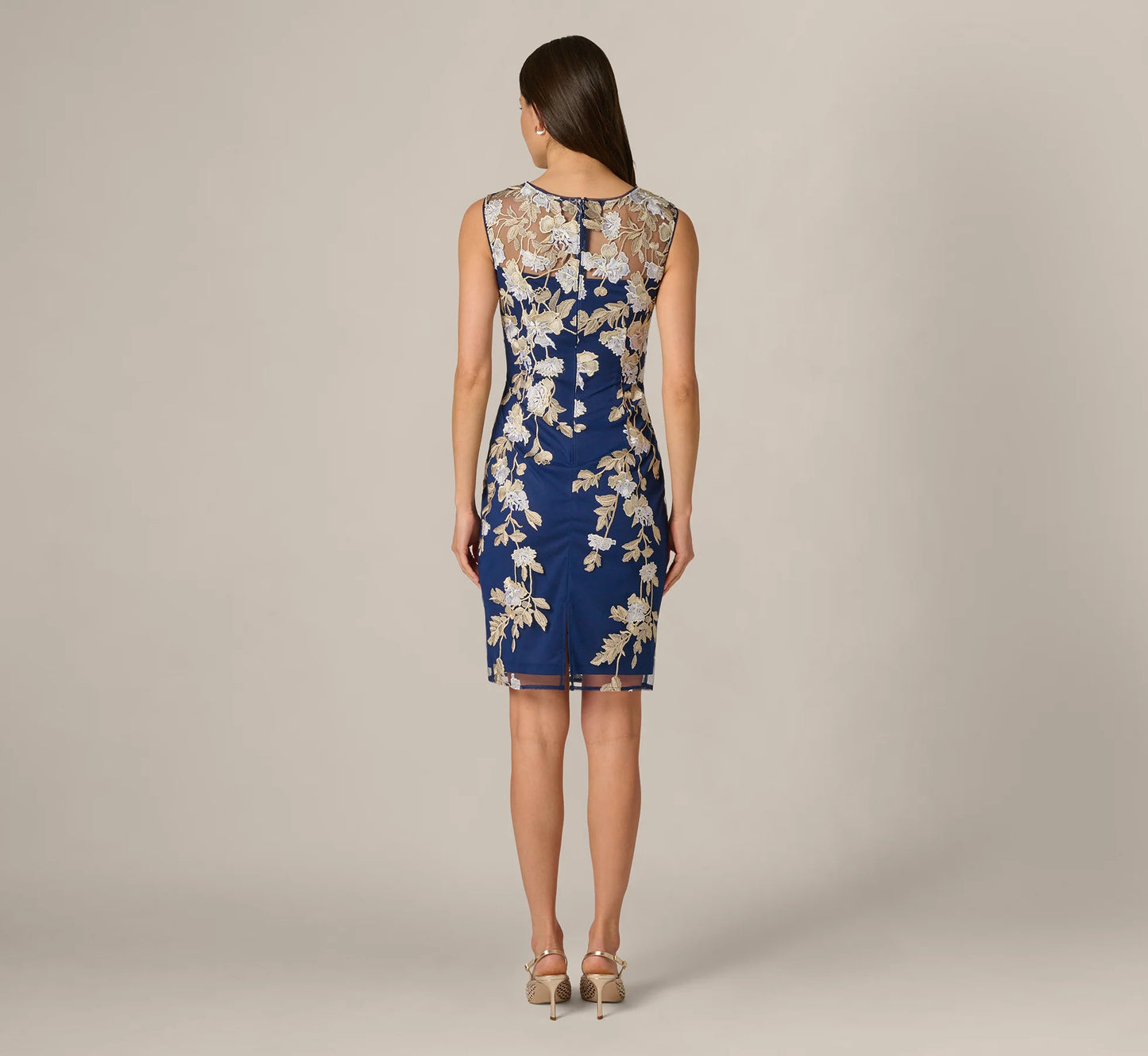 Sleeveless Illusion Floral Embroidery Sheath Dress In Navy Ecru