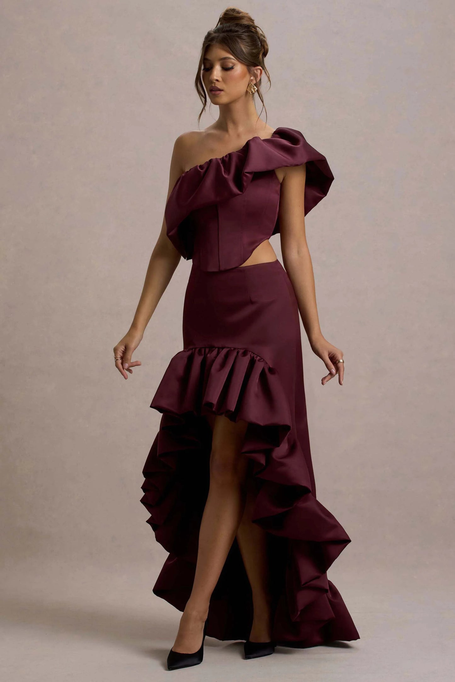 Ruby Merlot Satin High-Low Maxi Skirt