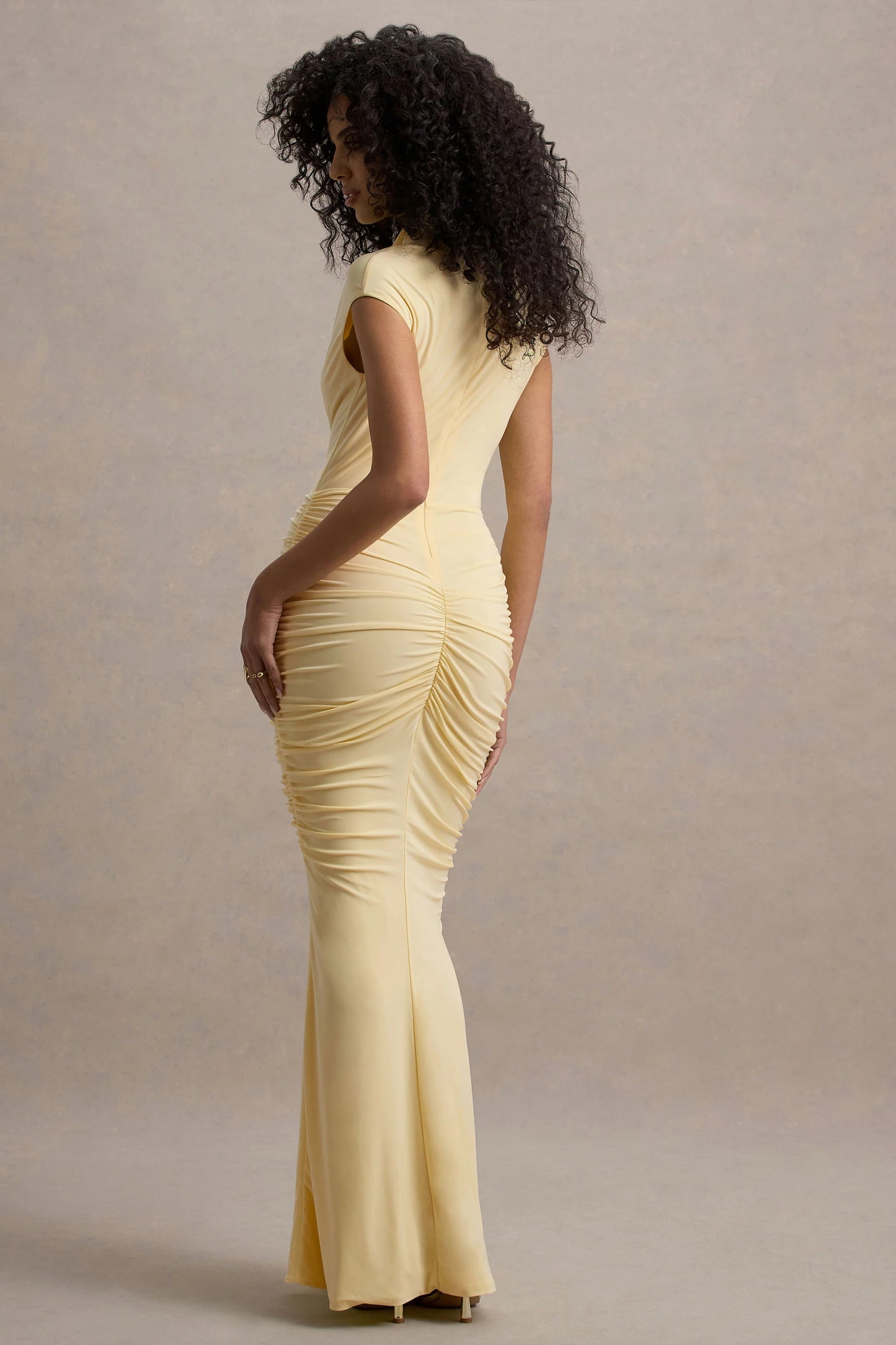 Lorenza Pale Lemon High-Neck Ruched Maxi Dress With Draped Skirt