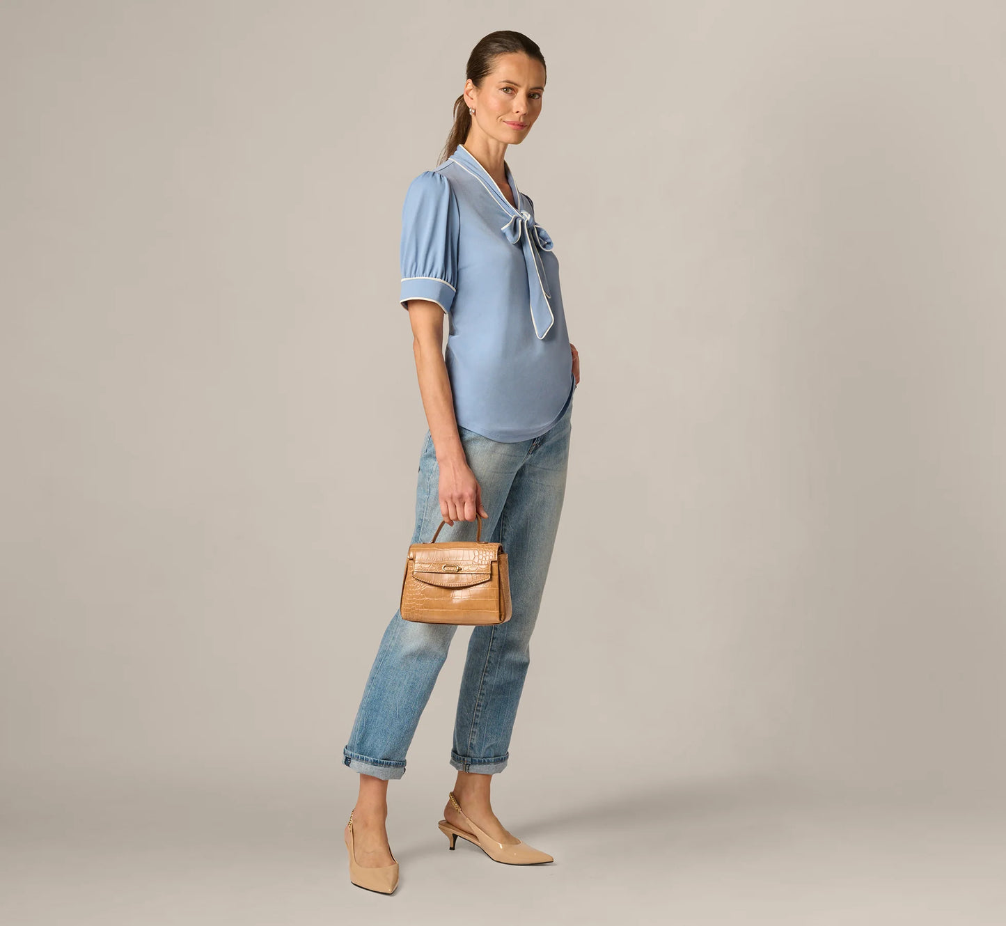 Puff Sleeve Tie Neck Top In Rainwashed Ivory