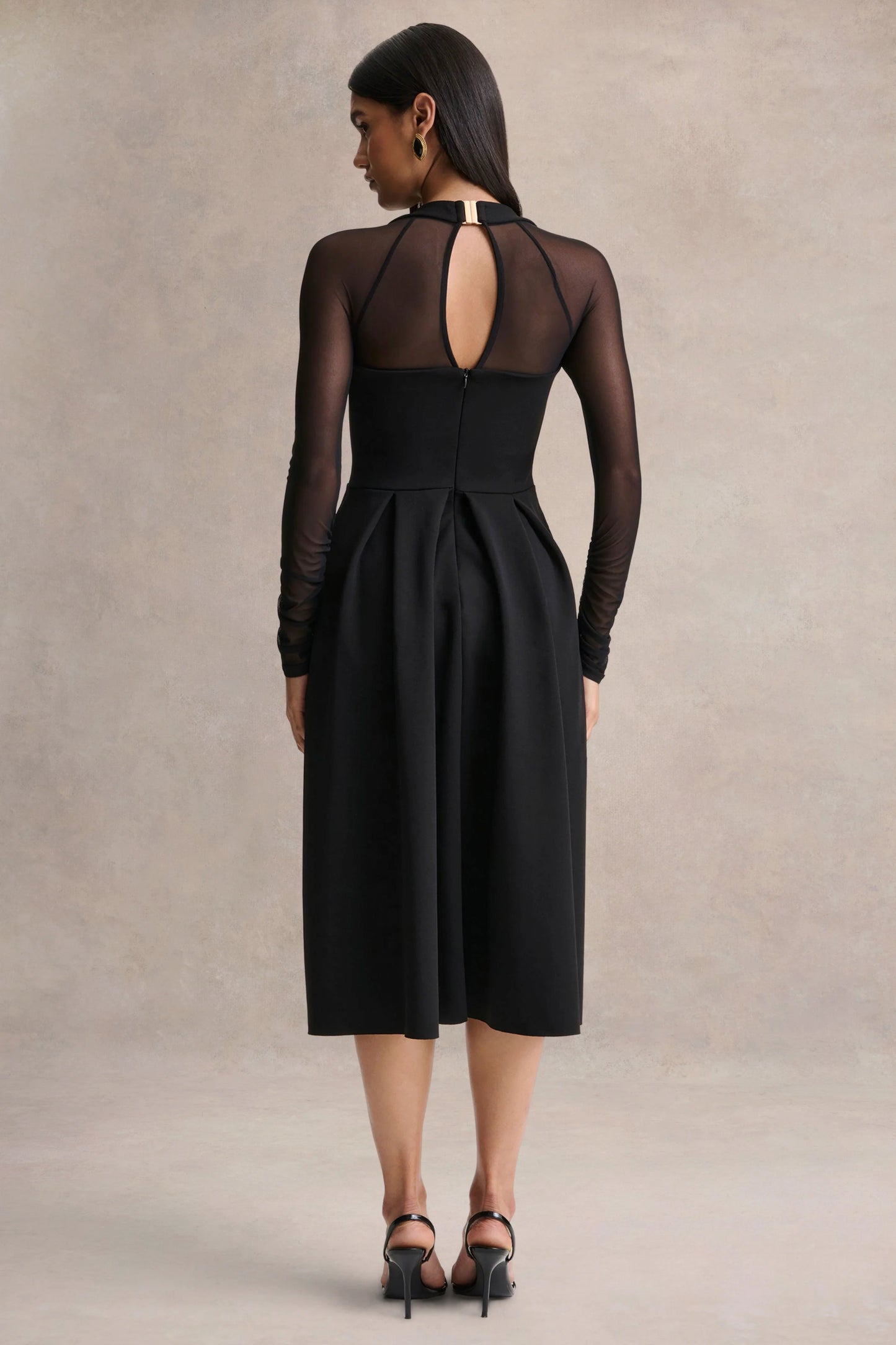 Melinda Black Square-Neck Midi Dress With Mesh Detailing