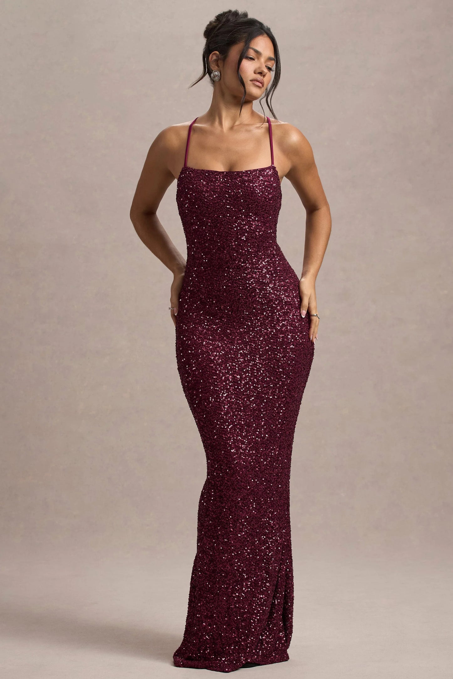 Cosmic Berry Sequin Square-Neck Strappy Maxi Dress