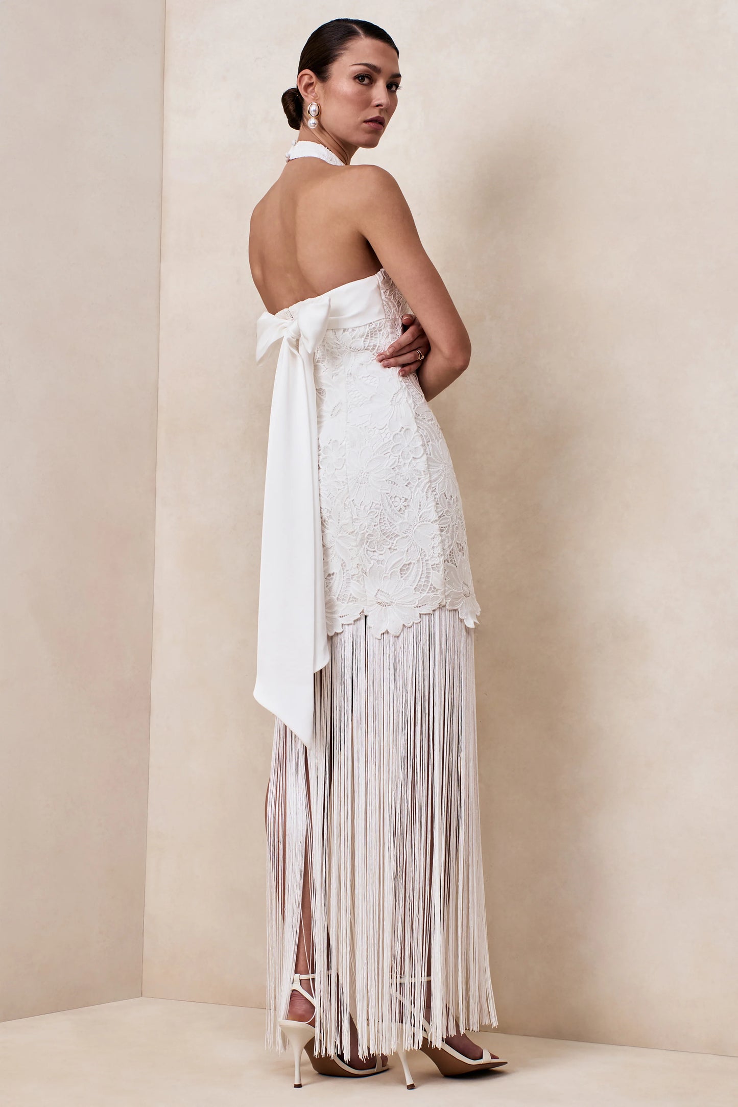 Skylar White Lace Halter-Neck Maxi Dress With Open-Back And Bow Detail