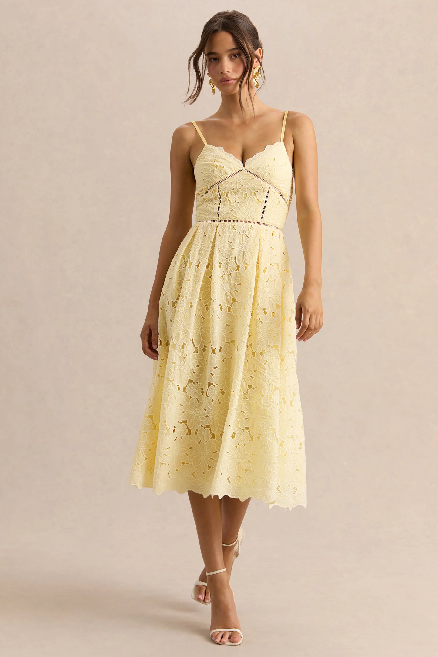 Nicoline Lemon Lace Sweetheart Midi Dress With Cami Straps