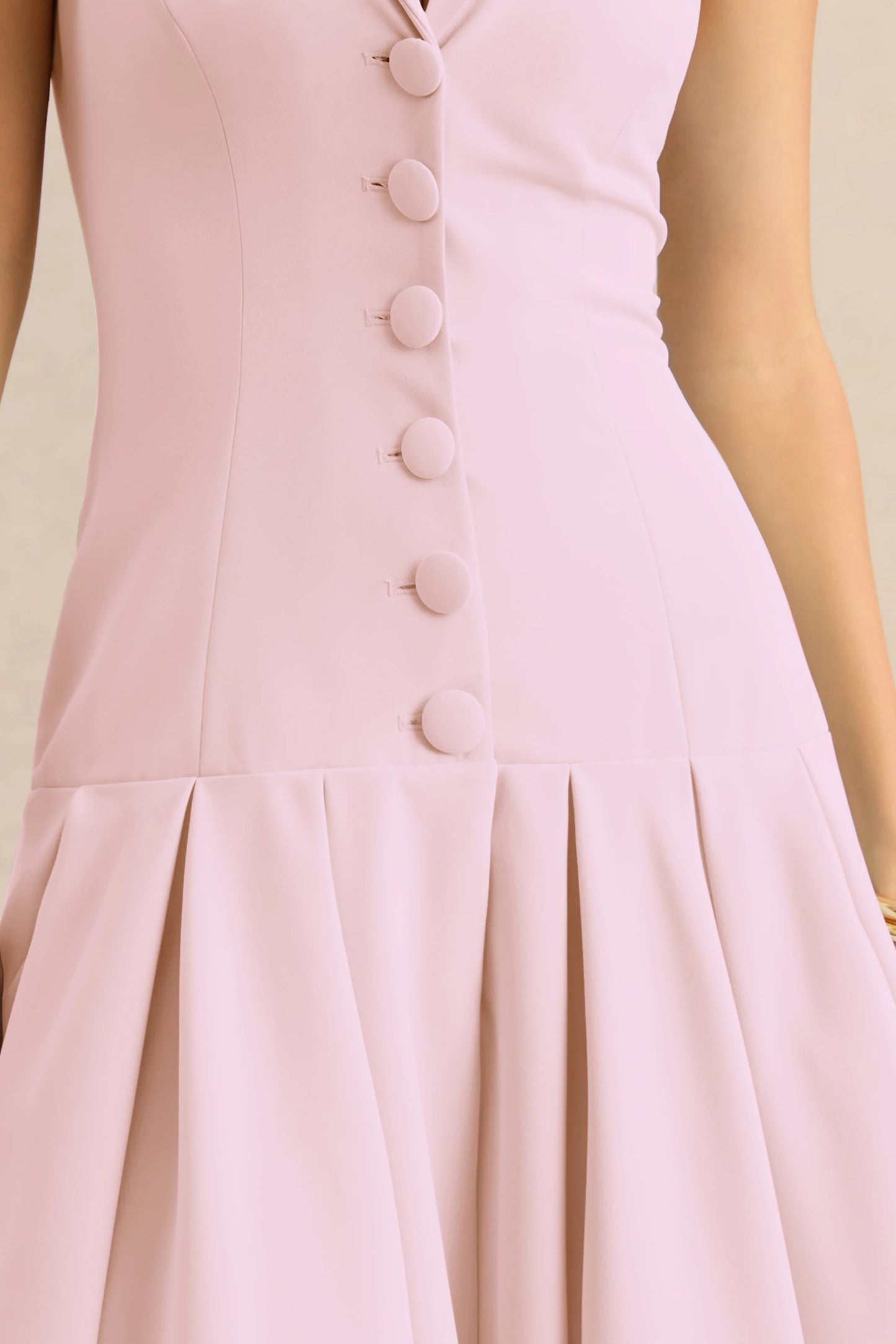 Elise Light Pink Plunge-Neck Midi Dress With Drop-Waist