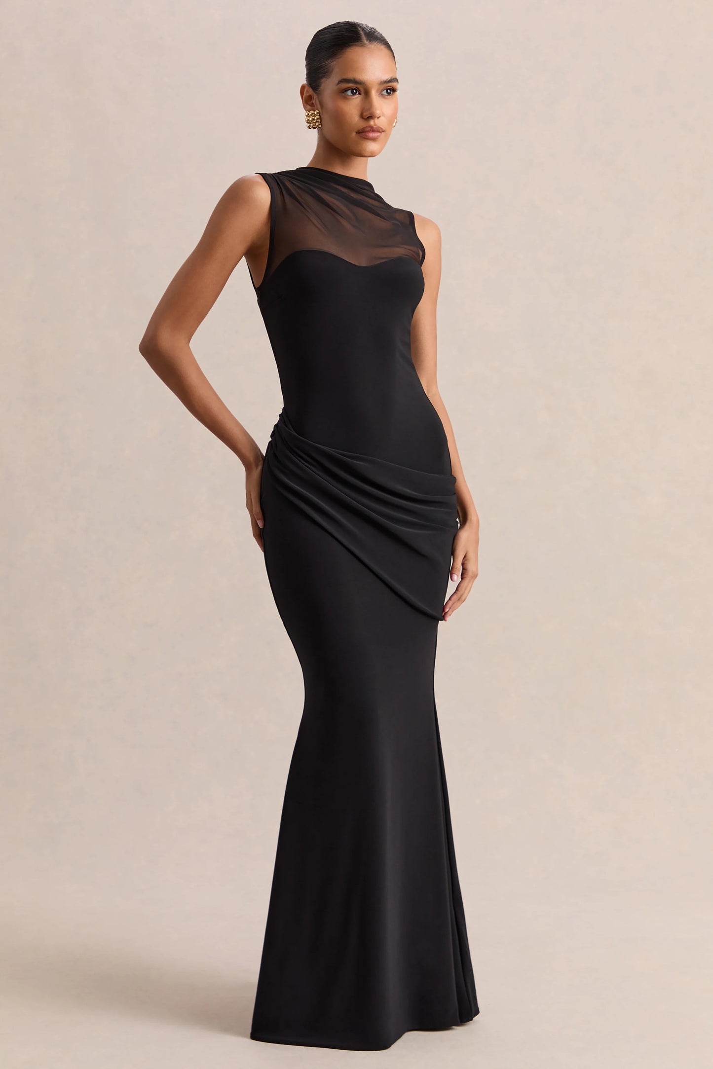 Lyssy Black High-Neck Maxi Dress With Mesh-Detail