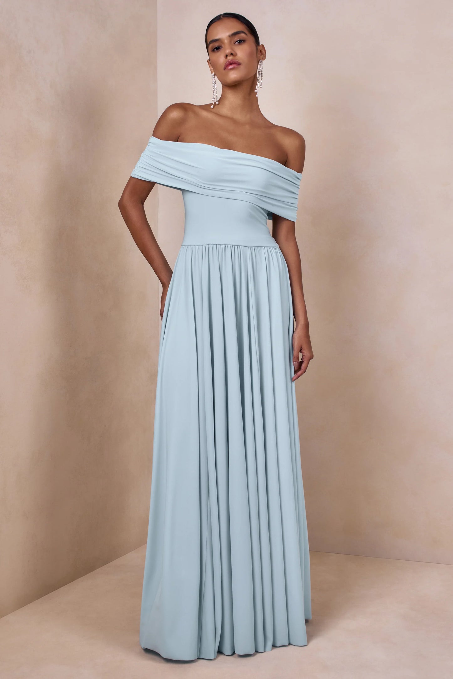 Cindie Powder Blue Bardot-Neck Maxi Dress