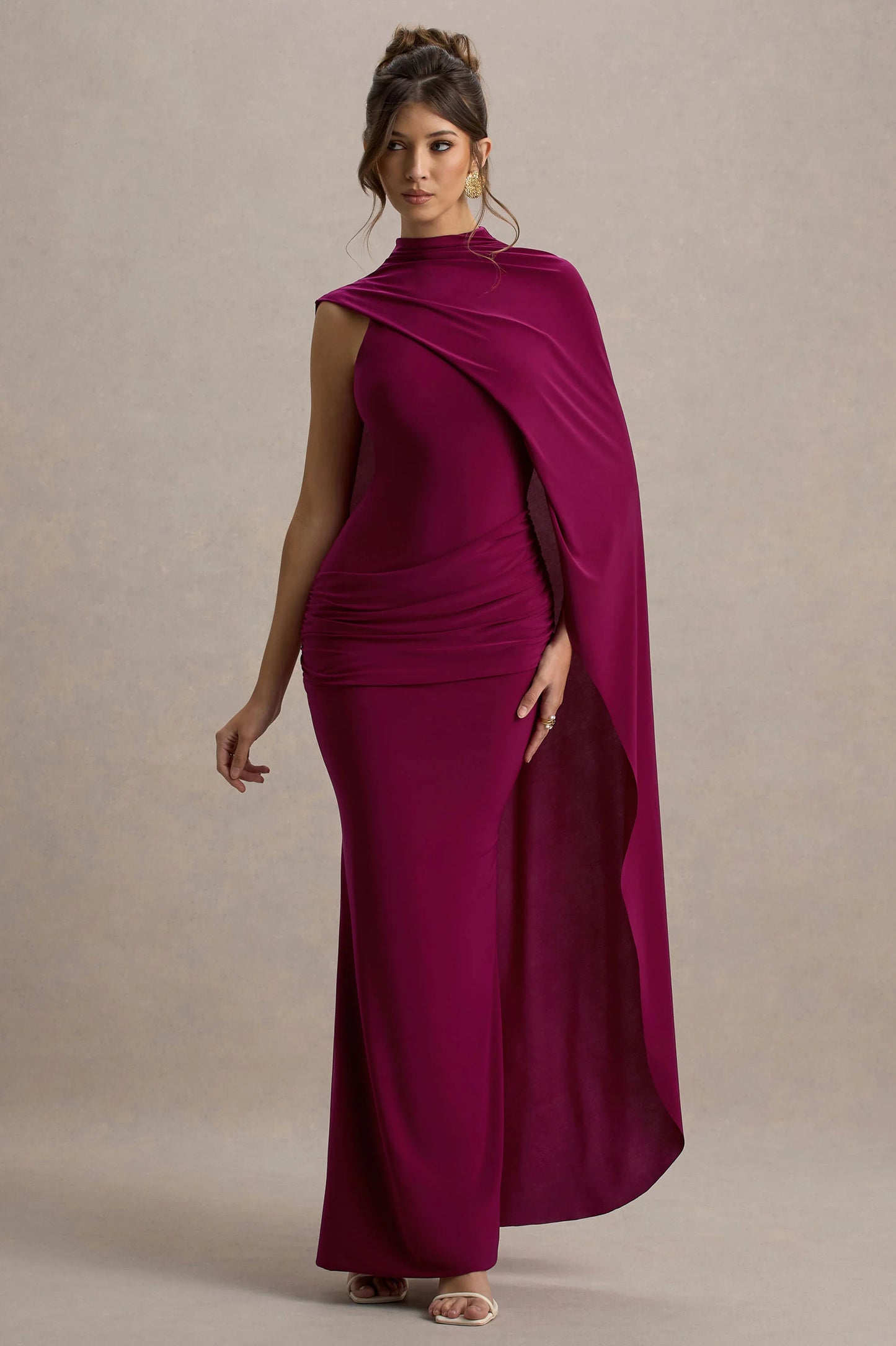 Maeve Burgundy Cape-Sleeve Draped Maxi Dress
