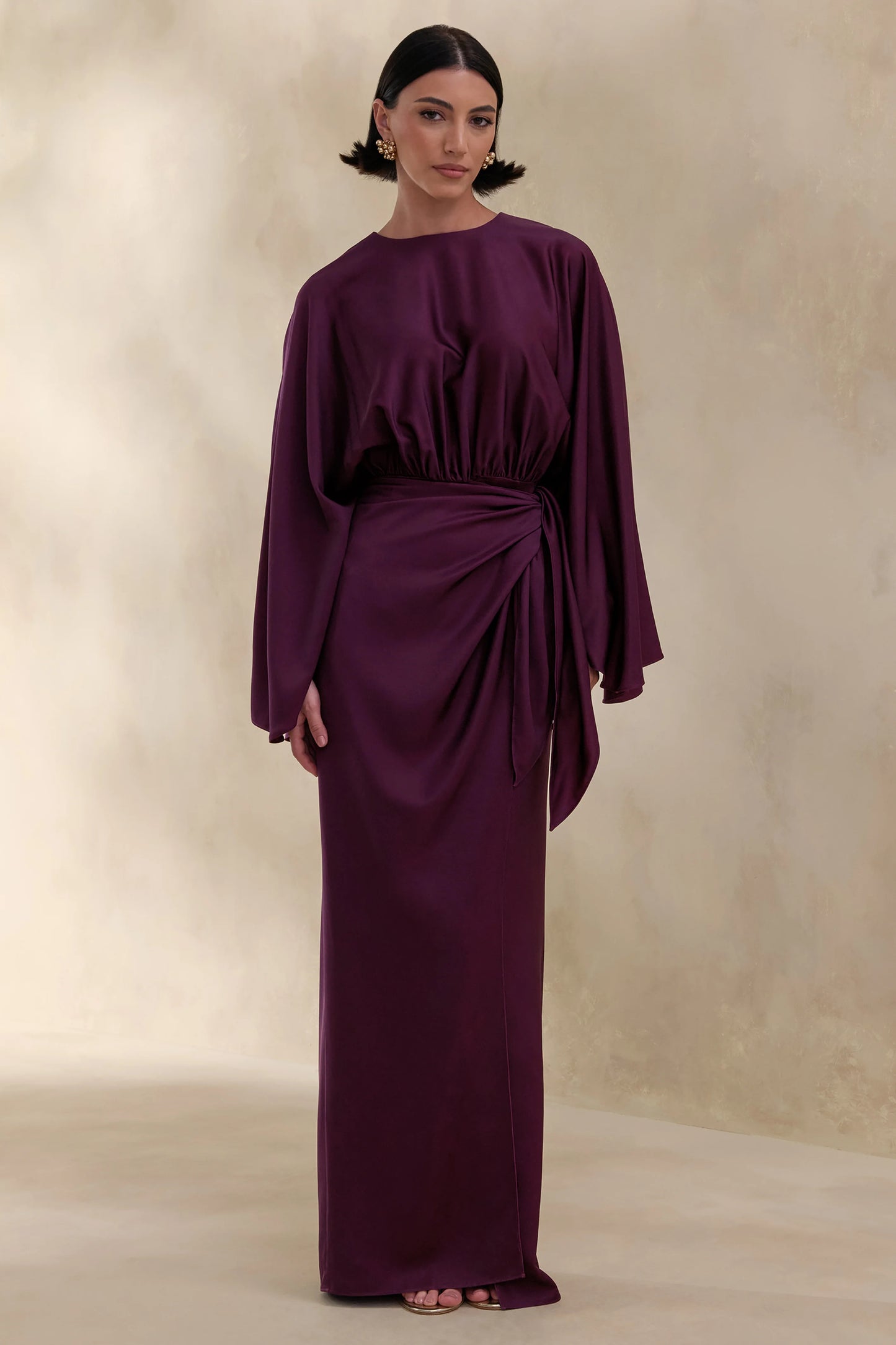Delphina Plum Satin Maxi Dress With Gathered And Knot-Detail