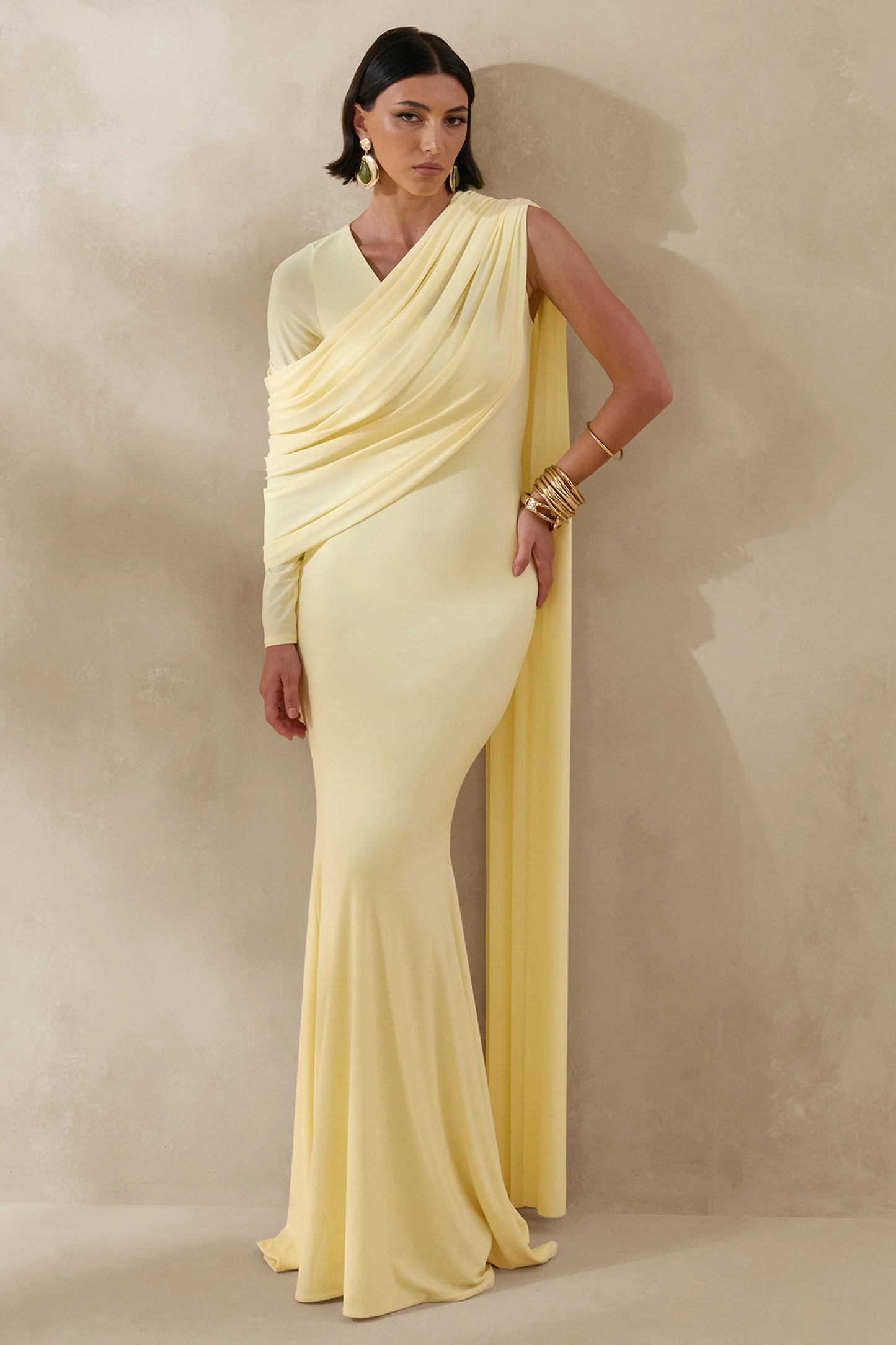 Rubelle Lemon Asymmetric-Neck Maxi Dress With Draped-Detailing