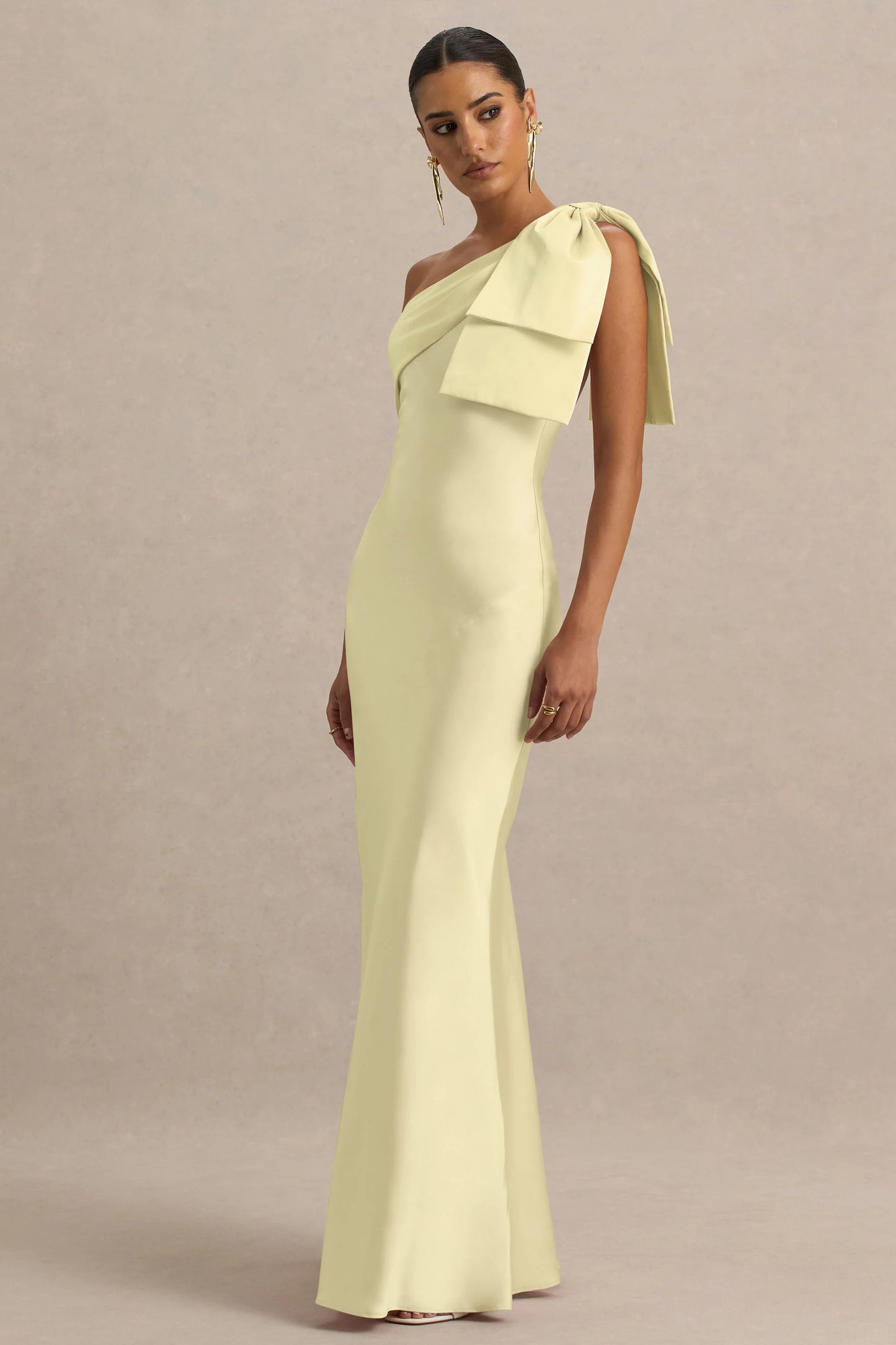 Valerie Lemon Satin Asymmetric-Neck Maxi Dress With Bow Detail