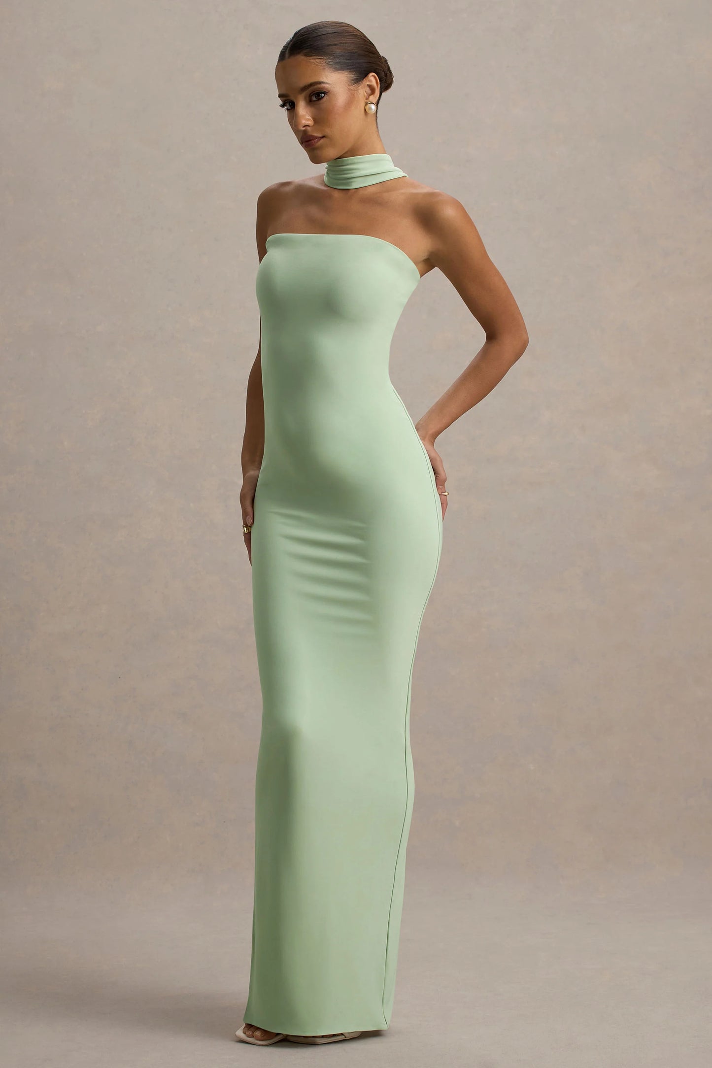 Nobu Light Green Bandeau Maxi Dress With Halter-Collar