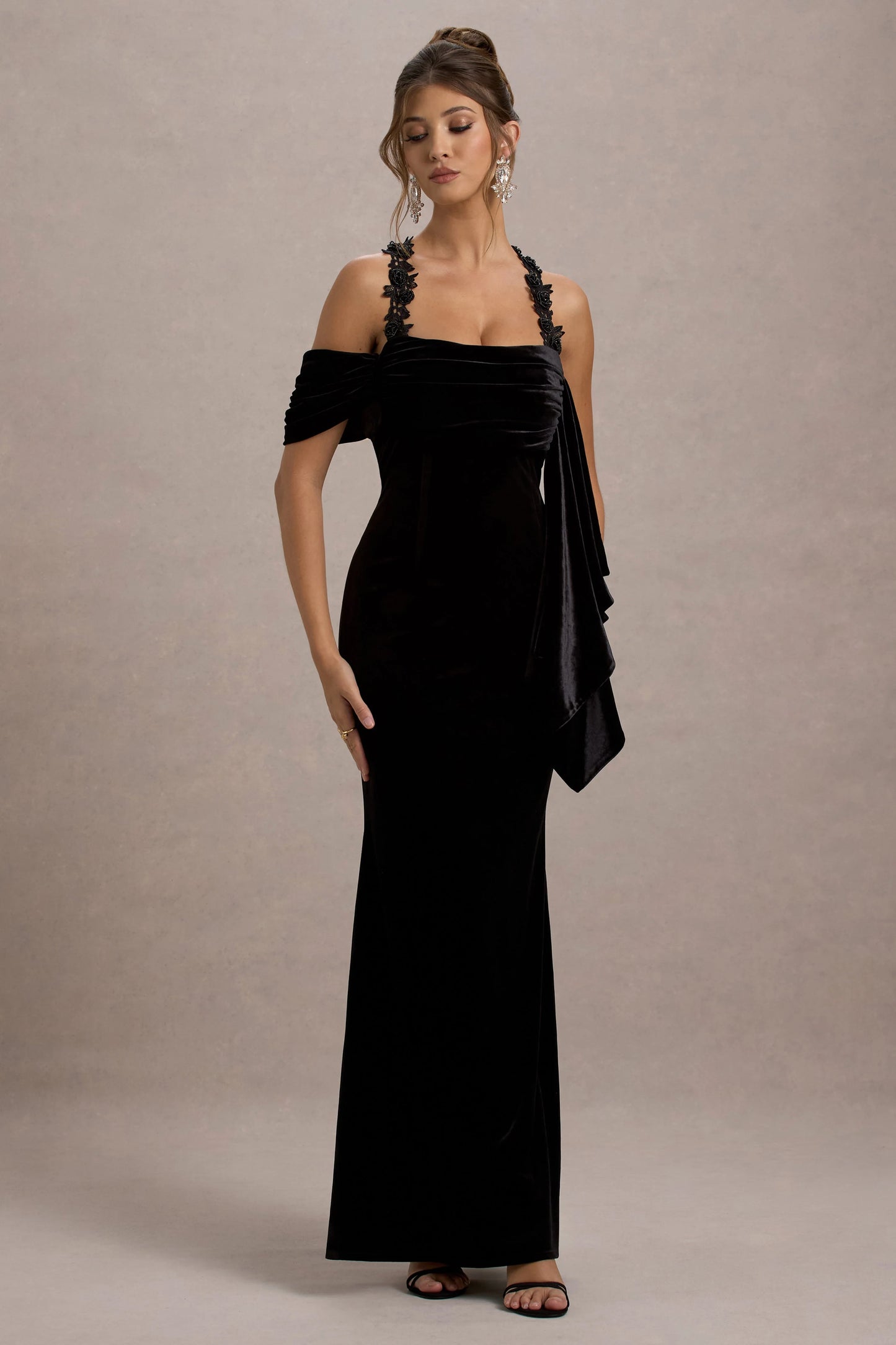 Charlize Black Velvet Halter-Neck Draped Maxi Dress