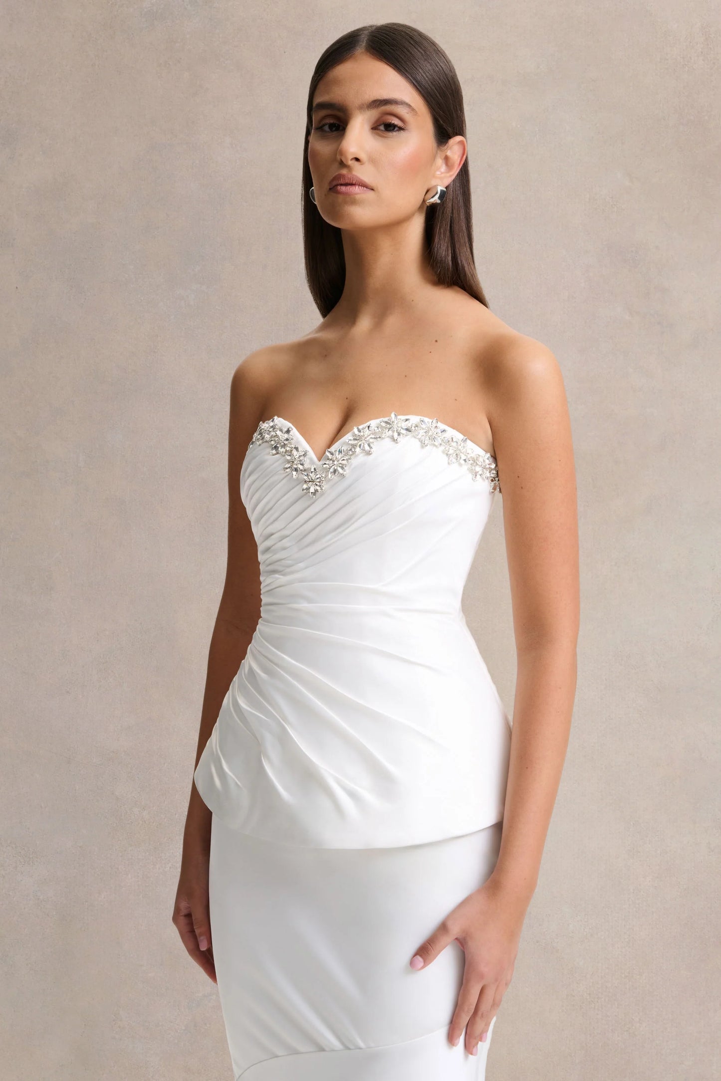 Ambria White Satin Hand-Embellished Sweetheart-Neck Corset Top
