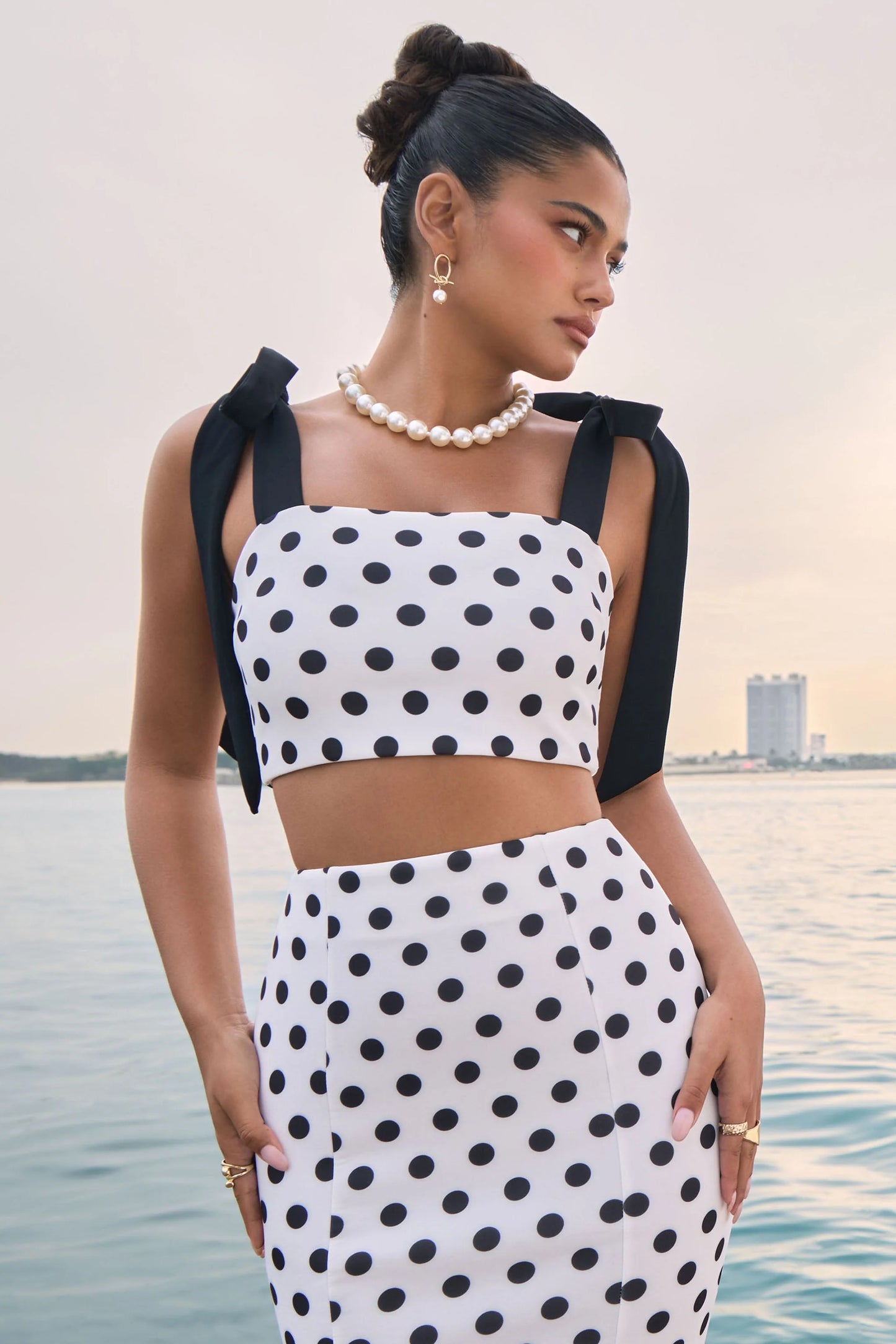 Phoebe Black & White Polka Dot Crop Top With Tie Straps Tie
