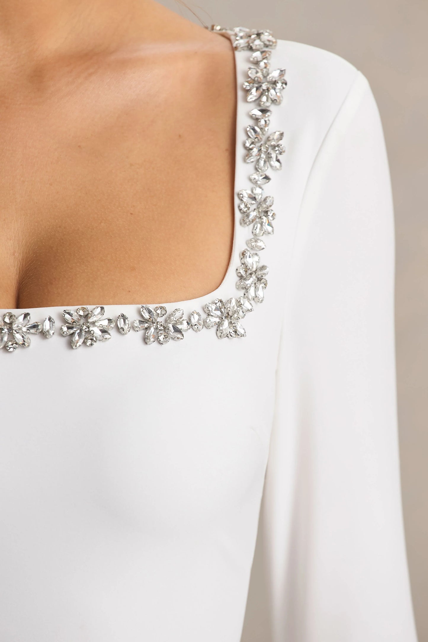 Astonish White Long-Sleeve Embellished Square-Neck Mini Dress With Volume Skirt