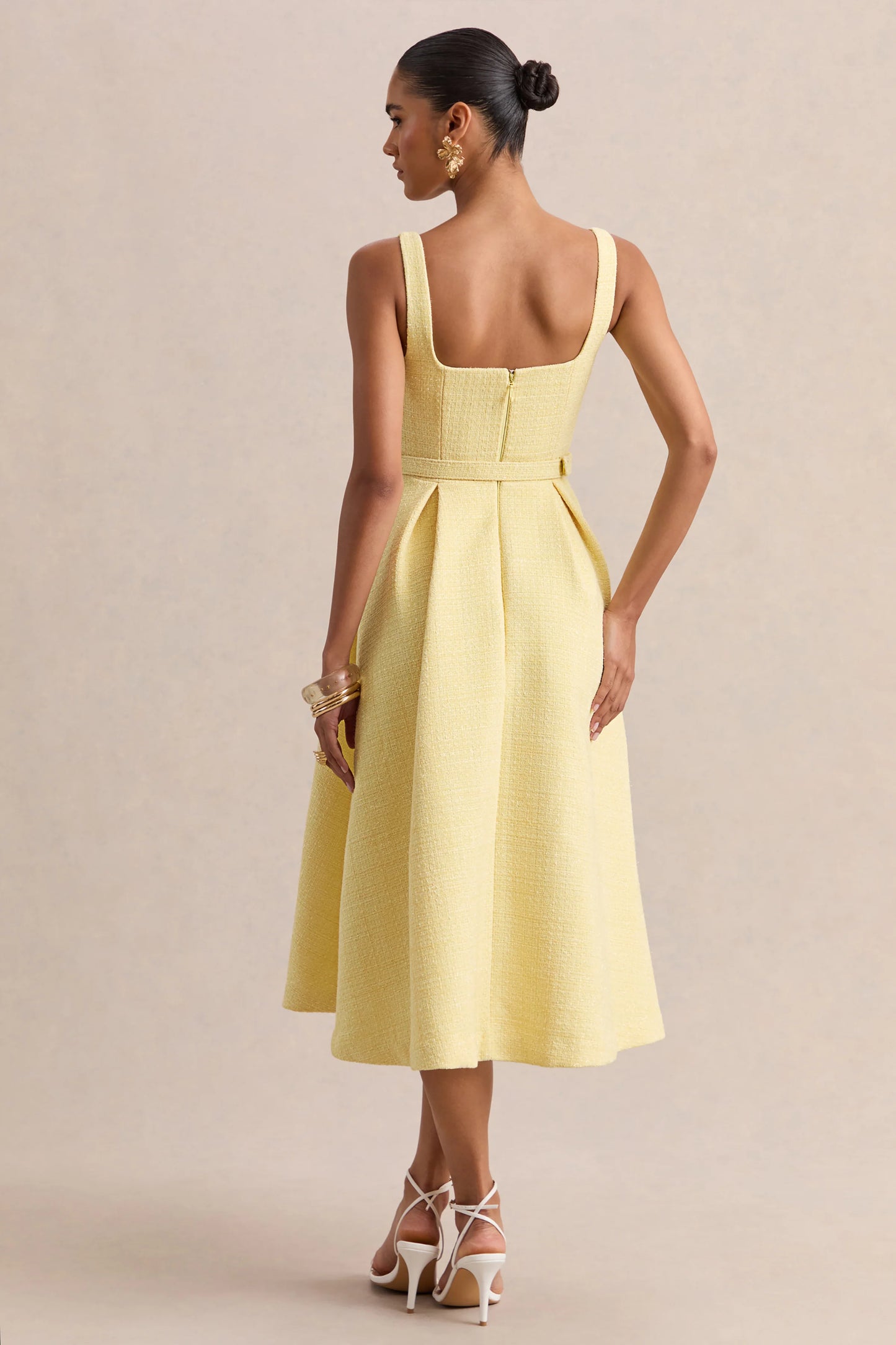Camoria Lemon Boucle Square-Neck Midi Dress