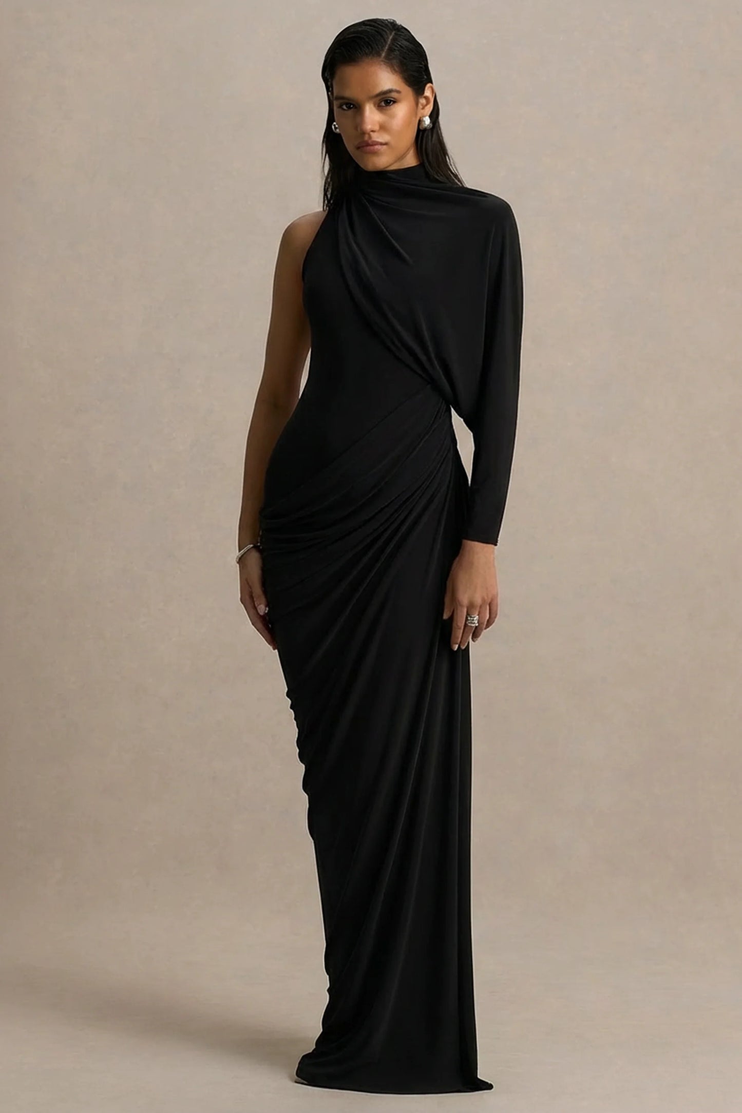 Aphra Black High-Neck Maxi Dress With Cape-Sleeve