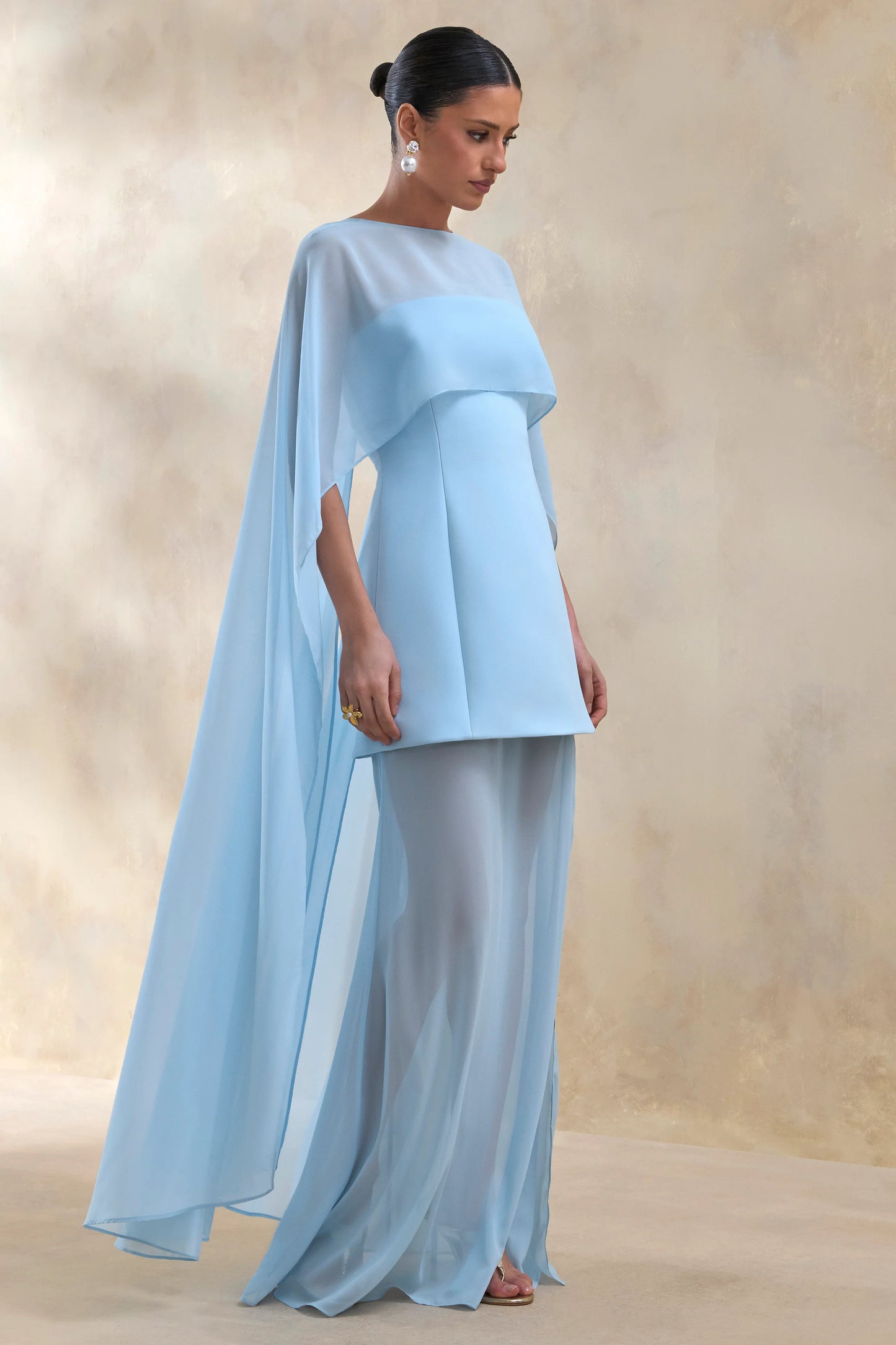Chessa Powder Blue Boat-Neck Maxi Dress With Sheer Cape