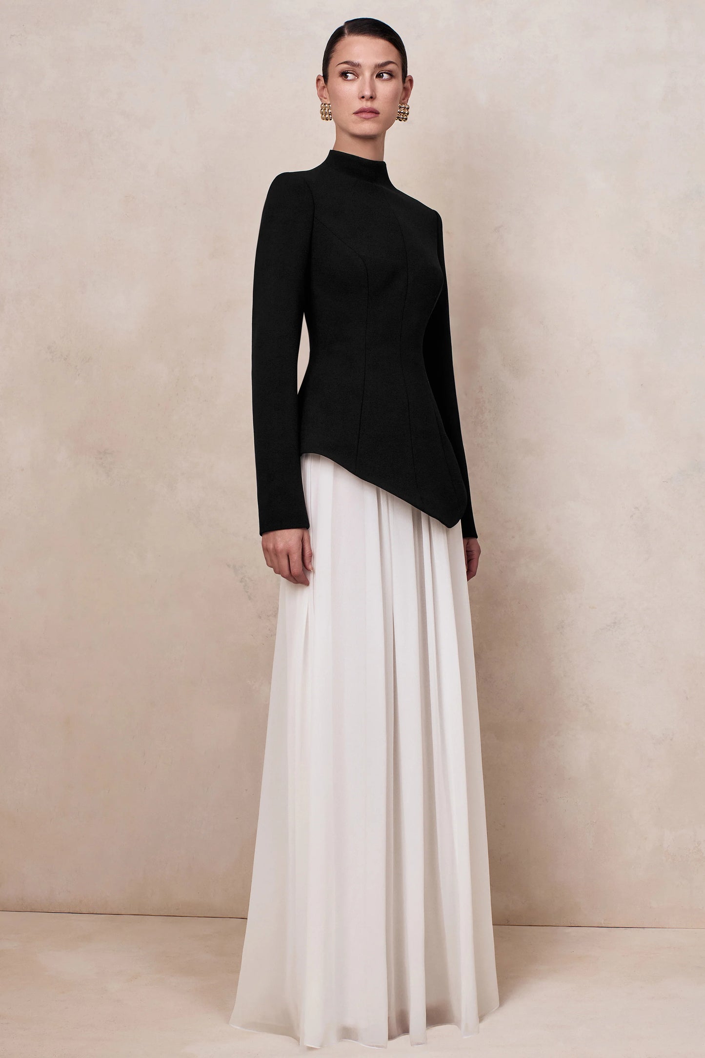 Halma Black & White High-Neck Maxi Dress With Drop-Waist
