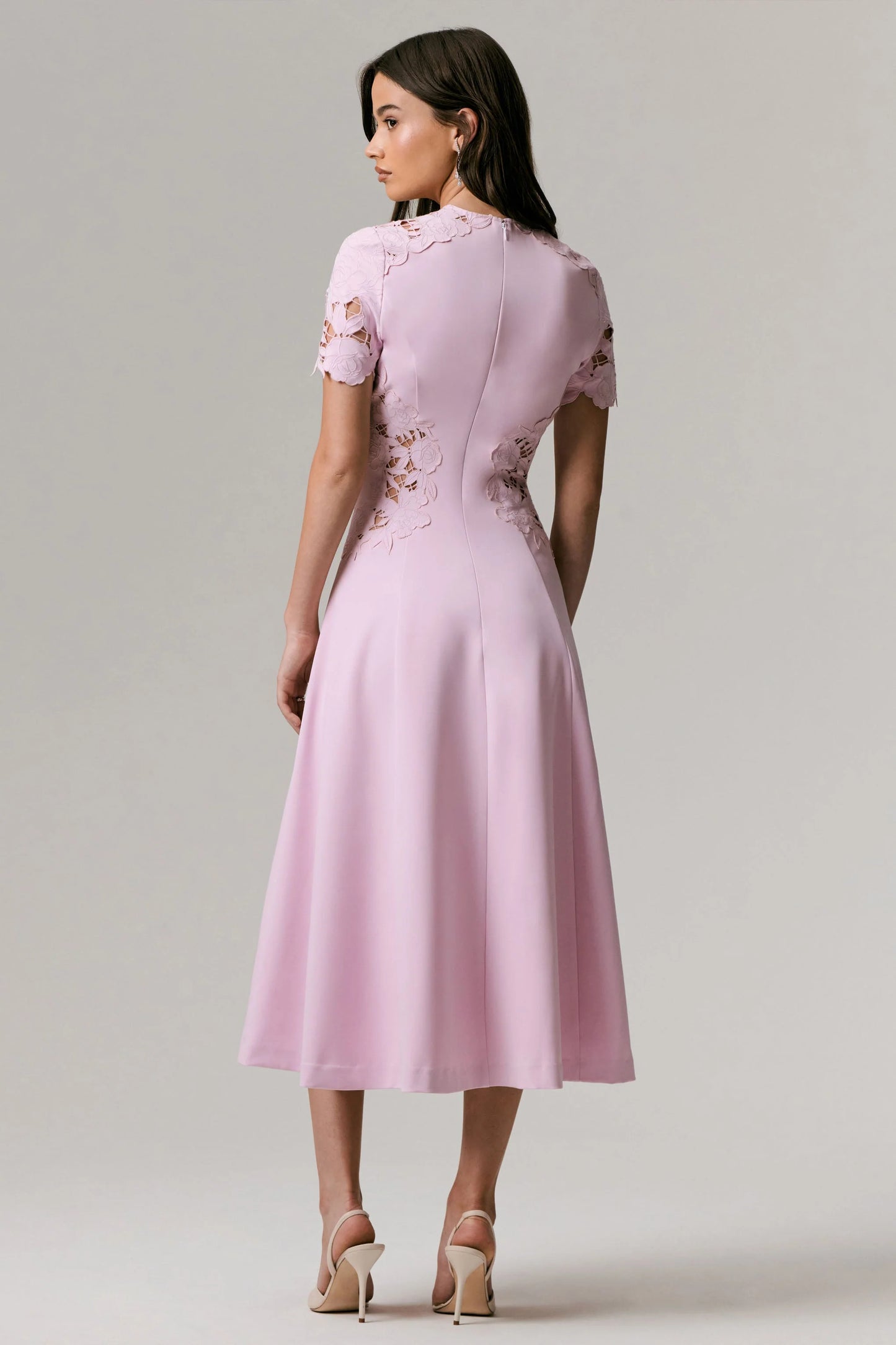 So Sweet Pink Crew-Neck Midi Dress With Cut-Out Embroidered Detailing