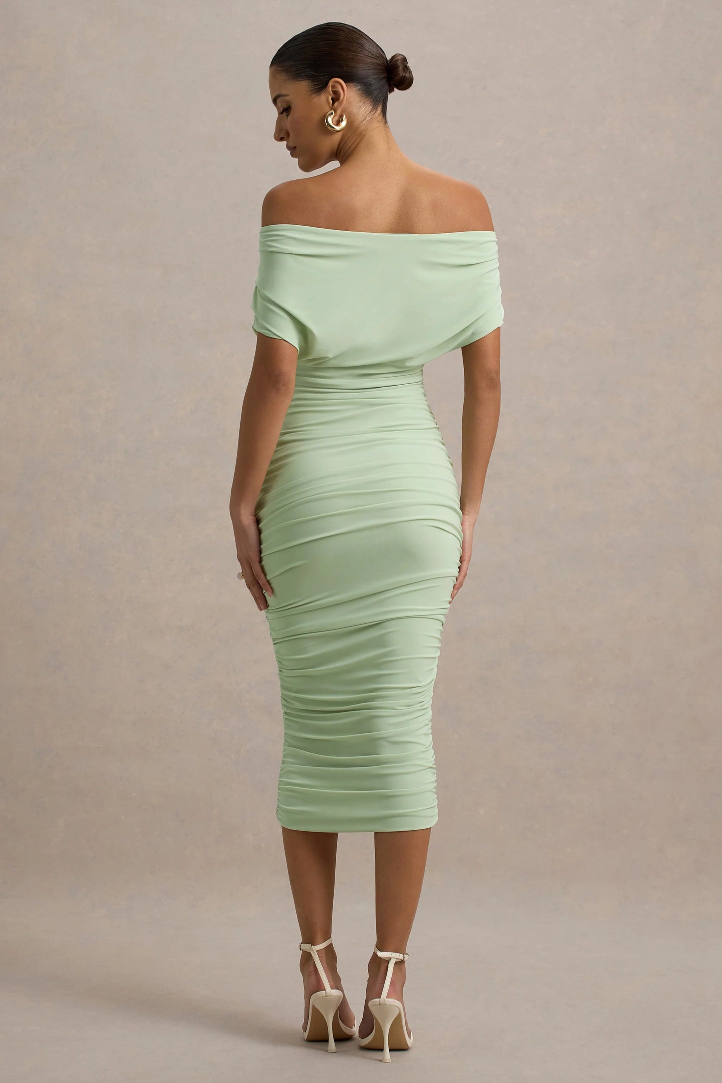 Rayleigh Light Green Bardot Ruched Midi Dress