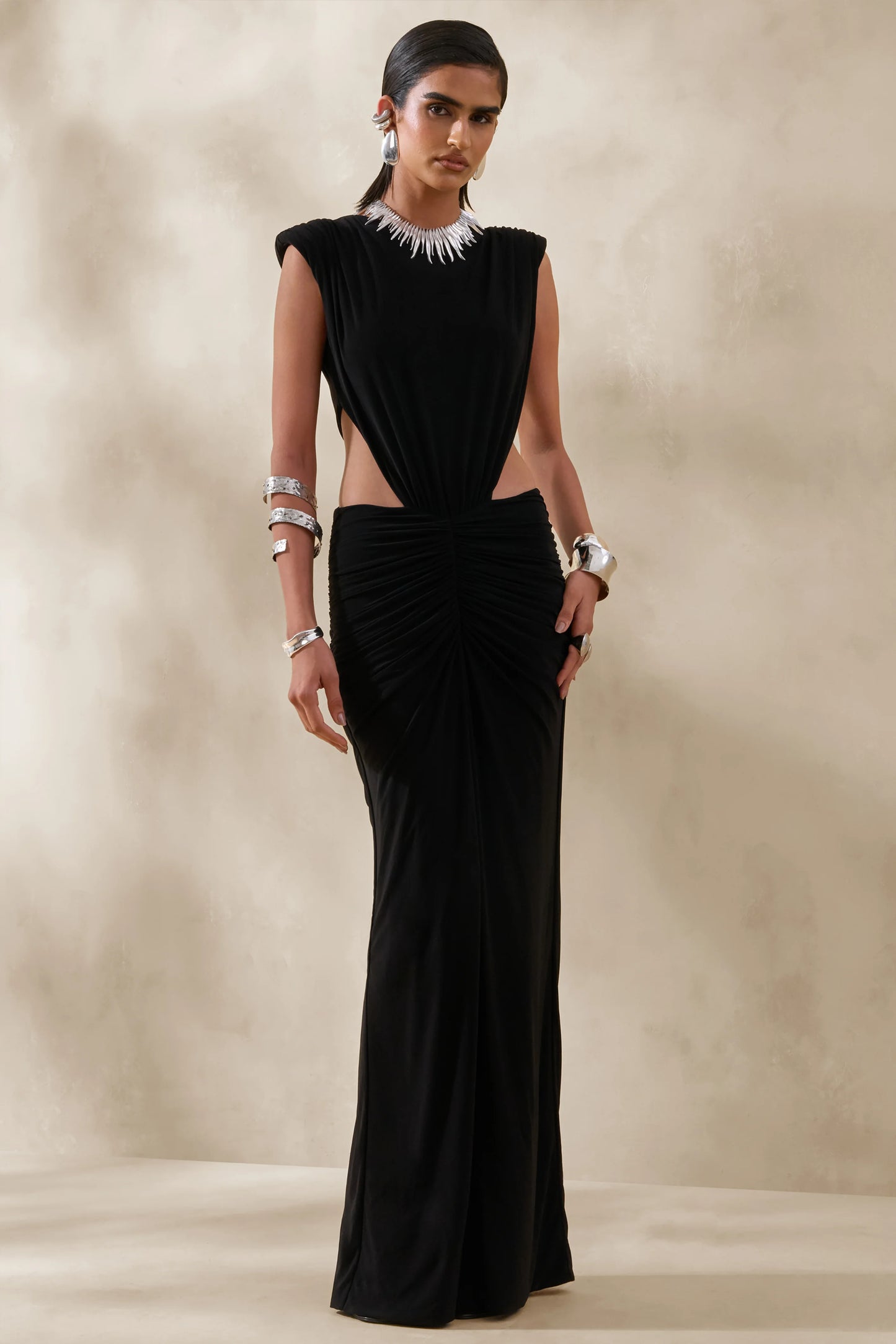 Imelda Black Boat-Neck Maxi Dress With Body Cut-Out Details