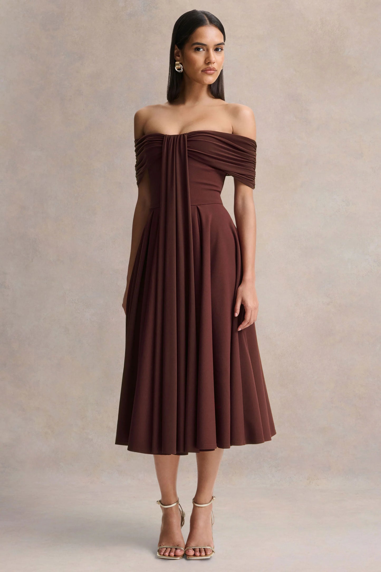 Dearest Brown Bardot-Neck Midi Dress