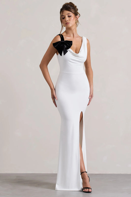 A Catch White Cowl-Neck Split Maxi Dress With Bow