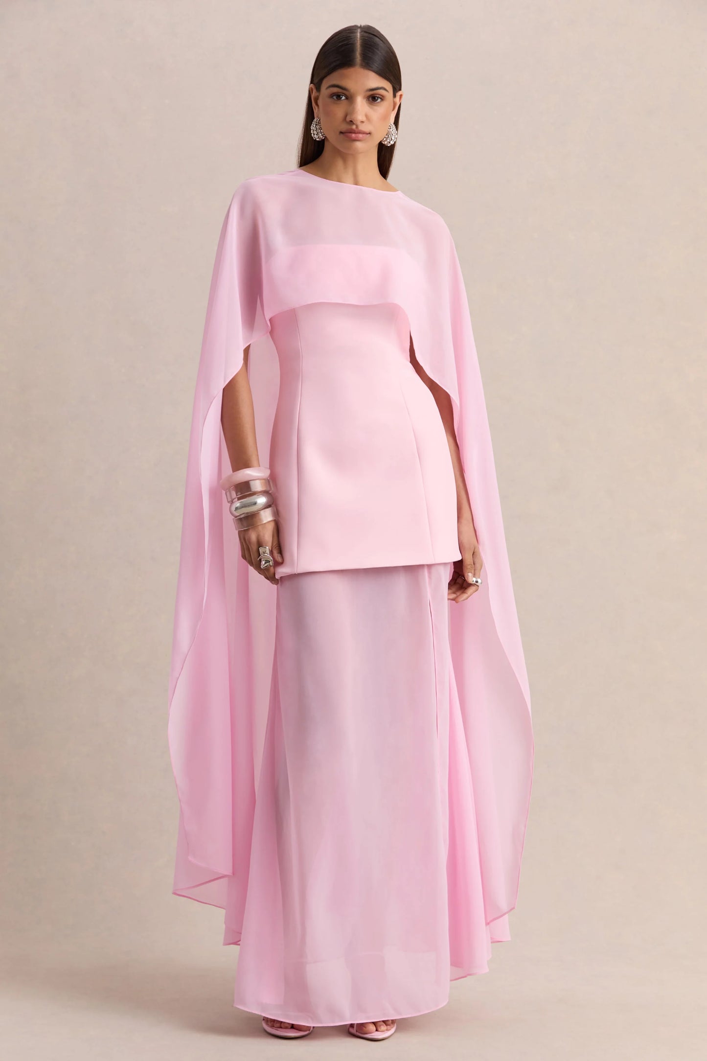 Chessa Light Pink Boat-Neck Maxi Dress With Sheer Cape