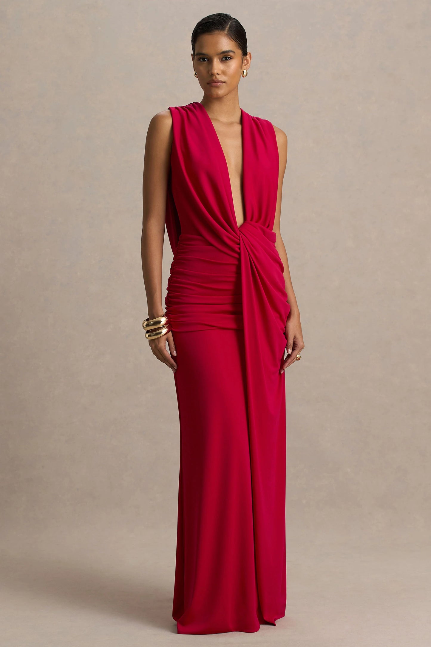 Serafina Red Extreme-Plunge Maxi Dress With Ruched Detailing And Open-Back