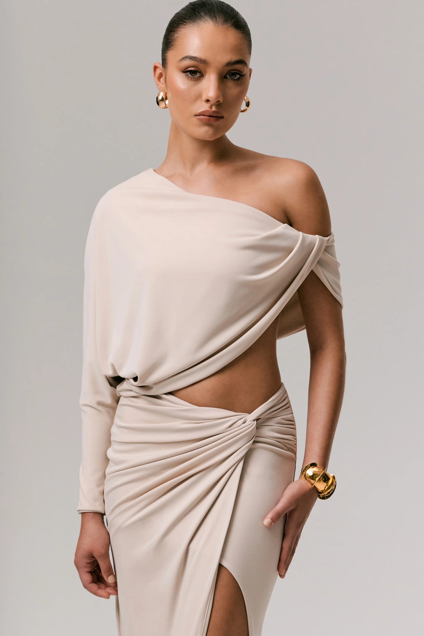 Dua Stone Asymmetric One-Sleeve Draped Top