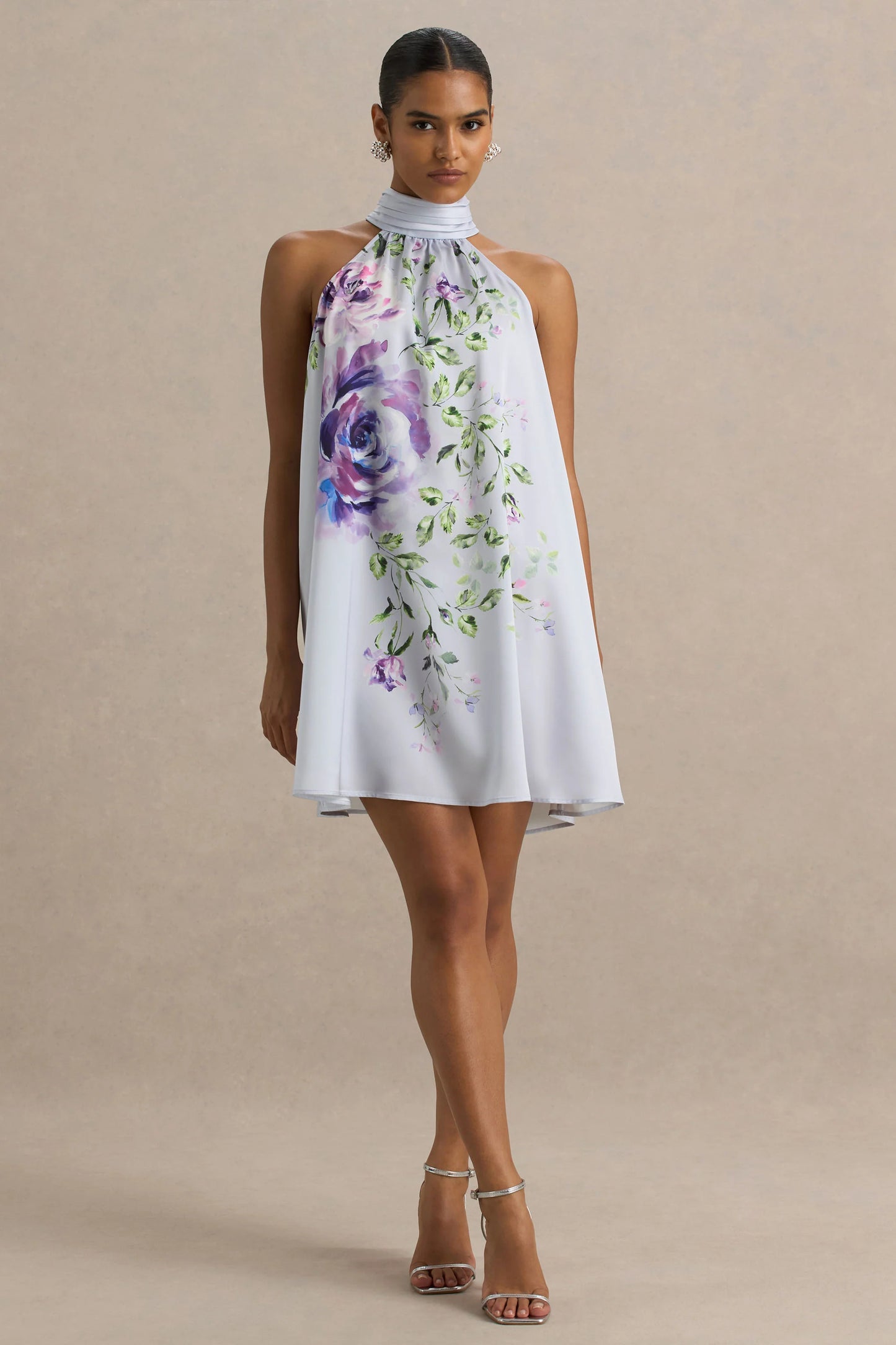 Evita Powder Blue Rose Print High-Neck A-Line Mini Dress With Bow