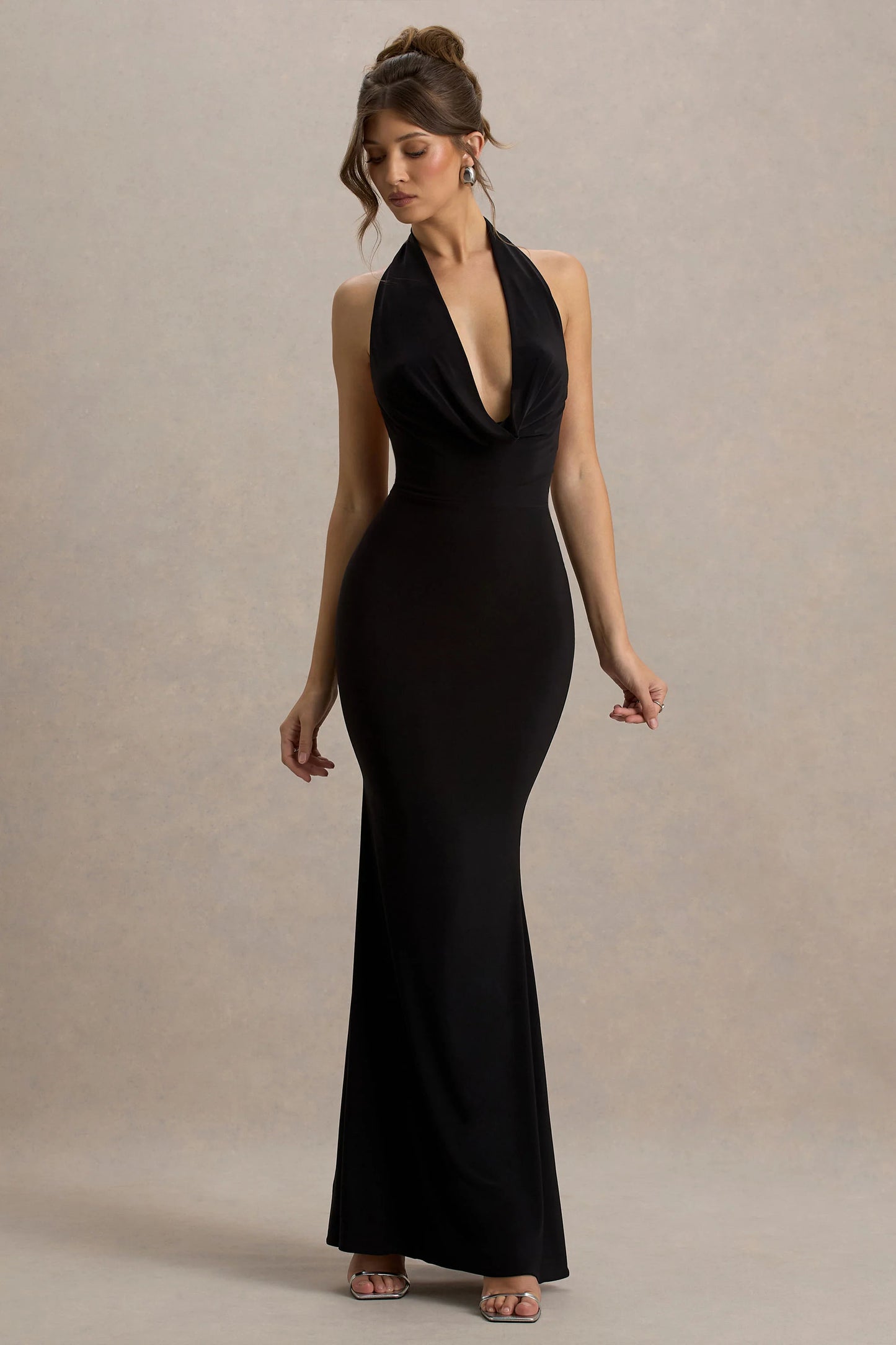 Milani Black Backless Cowl Neck Fishtail Maxi Dress
