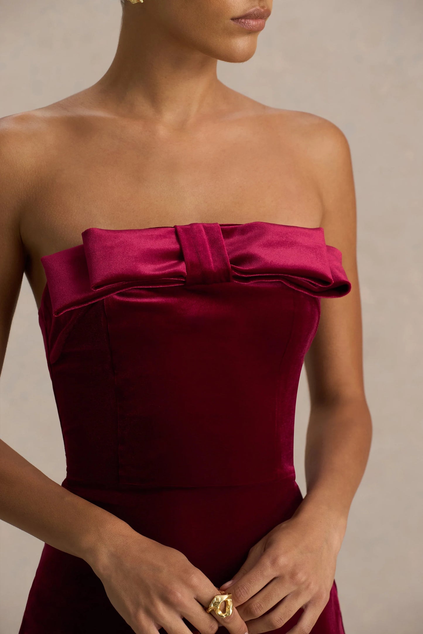 Illusion Burgundy Velvet Bandeau Maxi Dress With Bow Detail