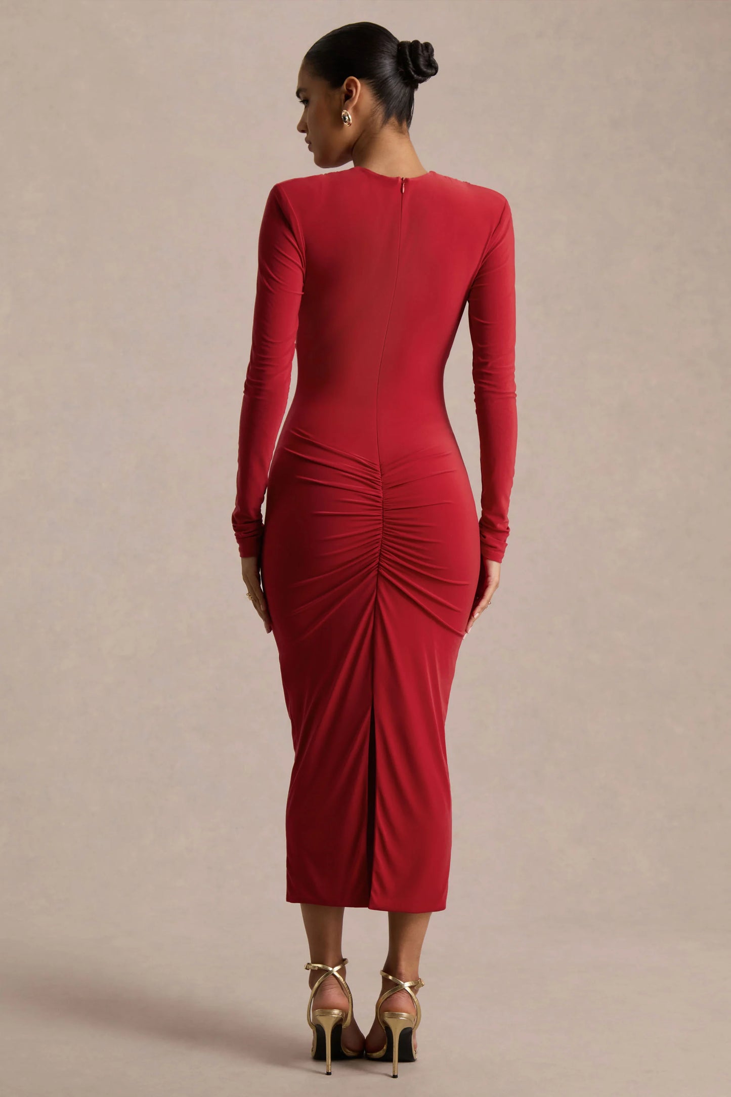 Ivara Red Plunge-Neck Maxi Dress With Ruched Detailing And Sash