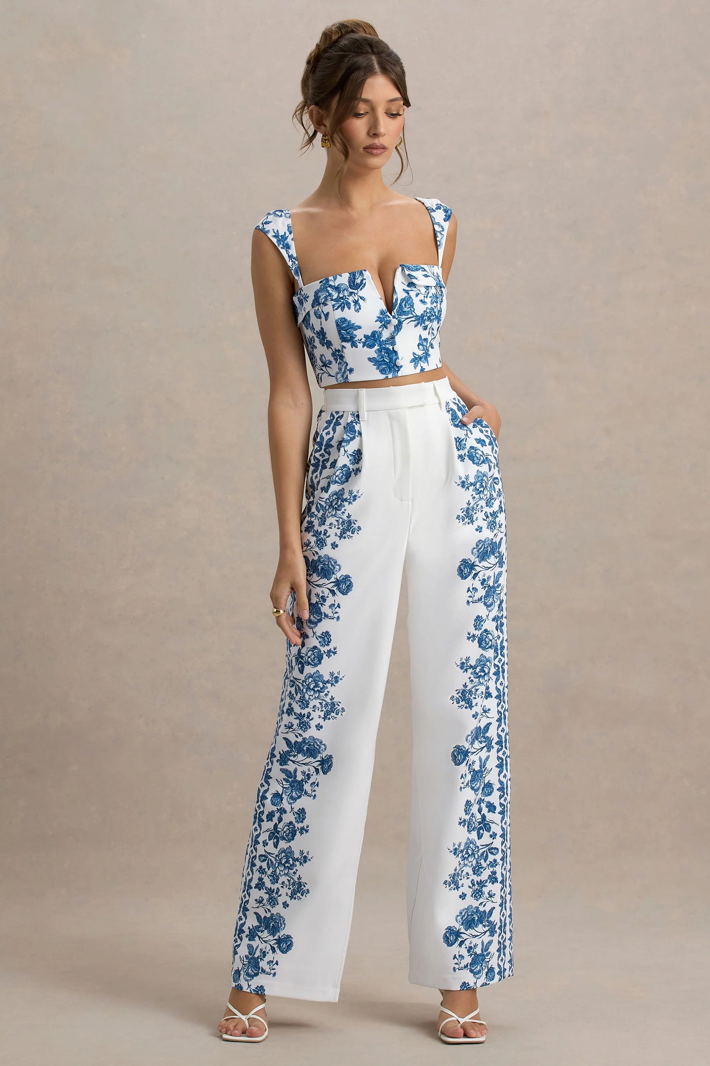 Zelie Blue Porcelain Print Wide-Leg Trousers