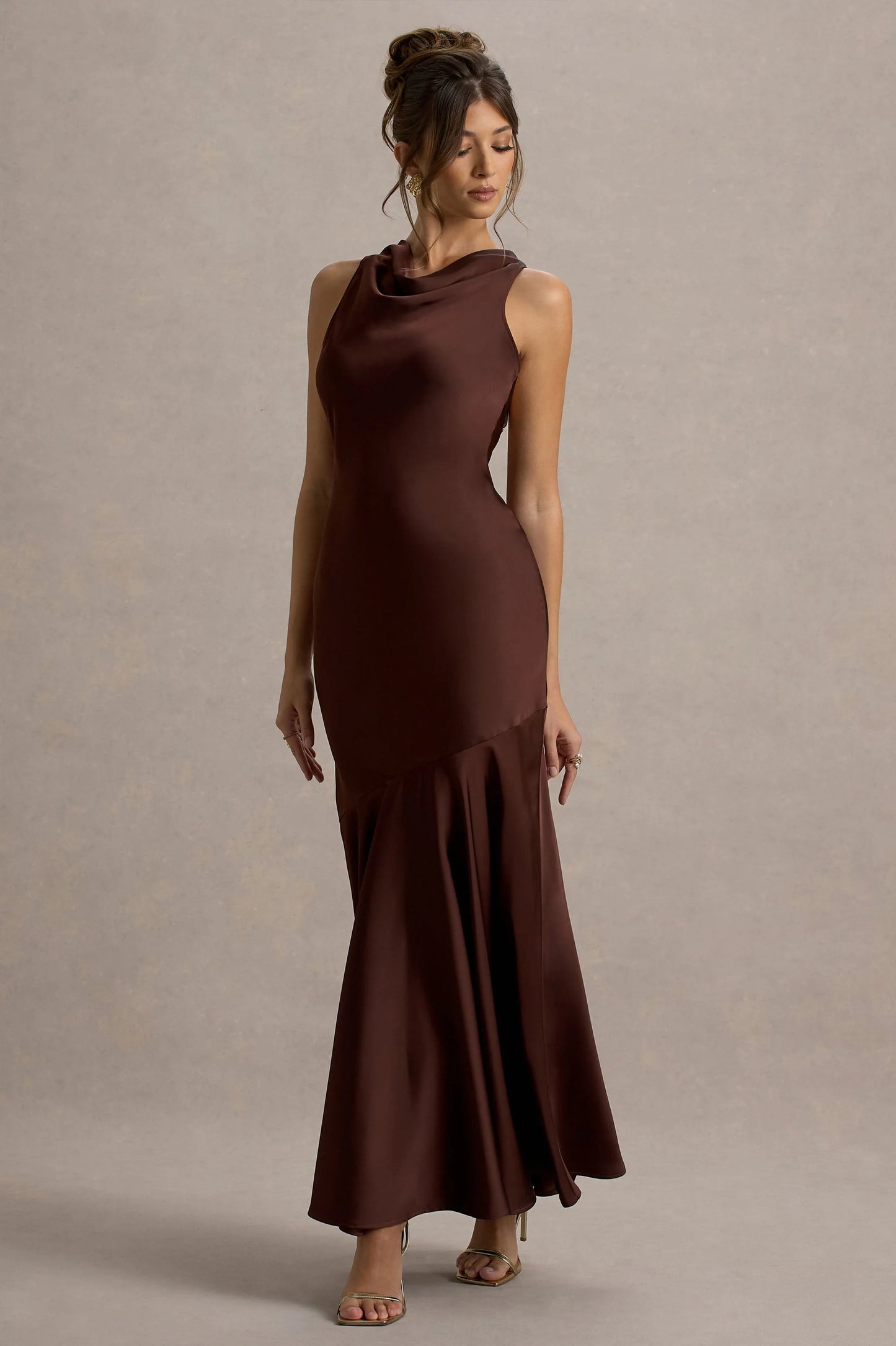 Amelita Brown Satin Cowl-Neck Maxi Dress