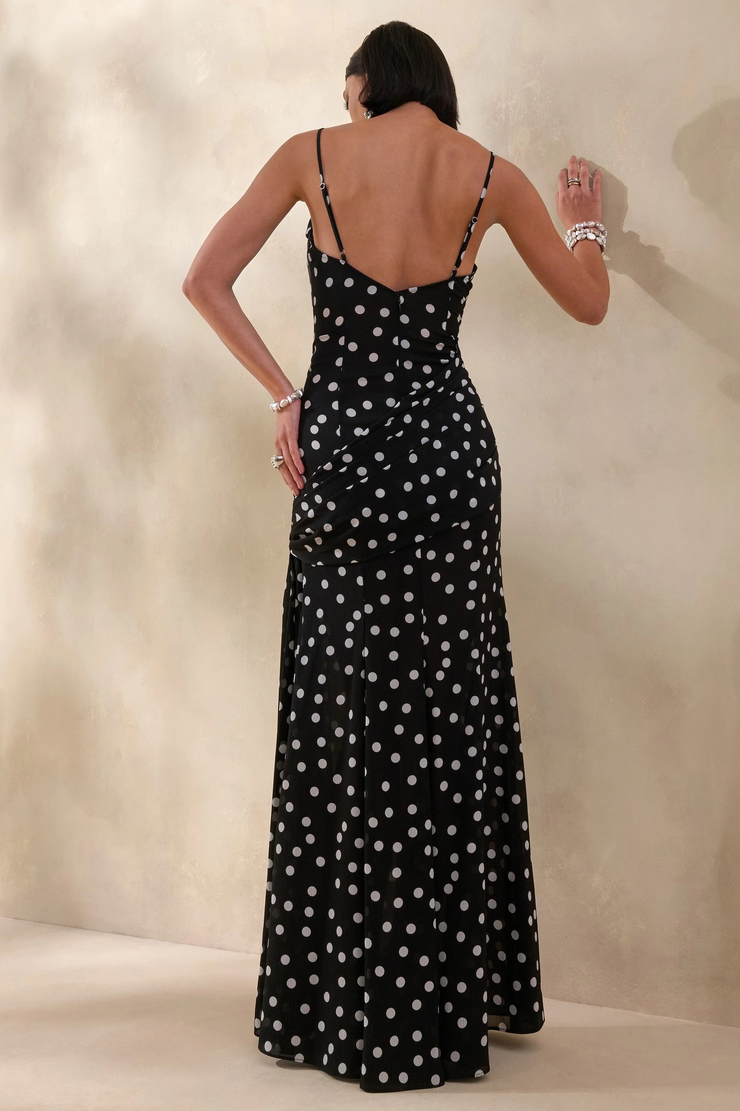 Virtue Black & White Polka Dot Cowl-Neck Fishtail Maxi Dress With Split